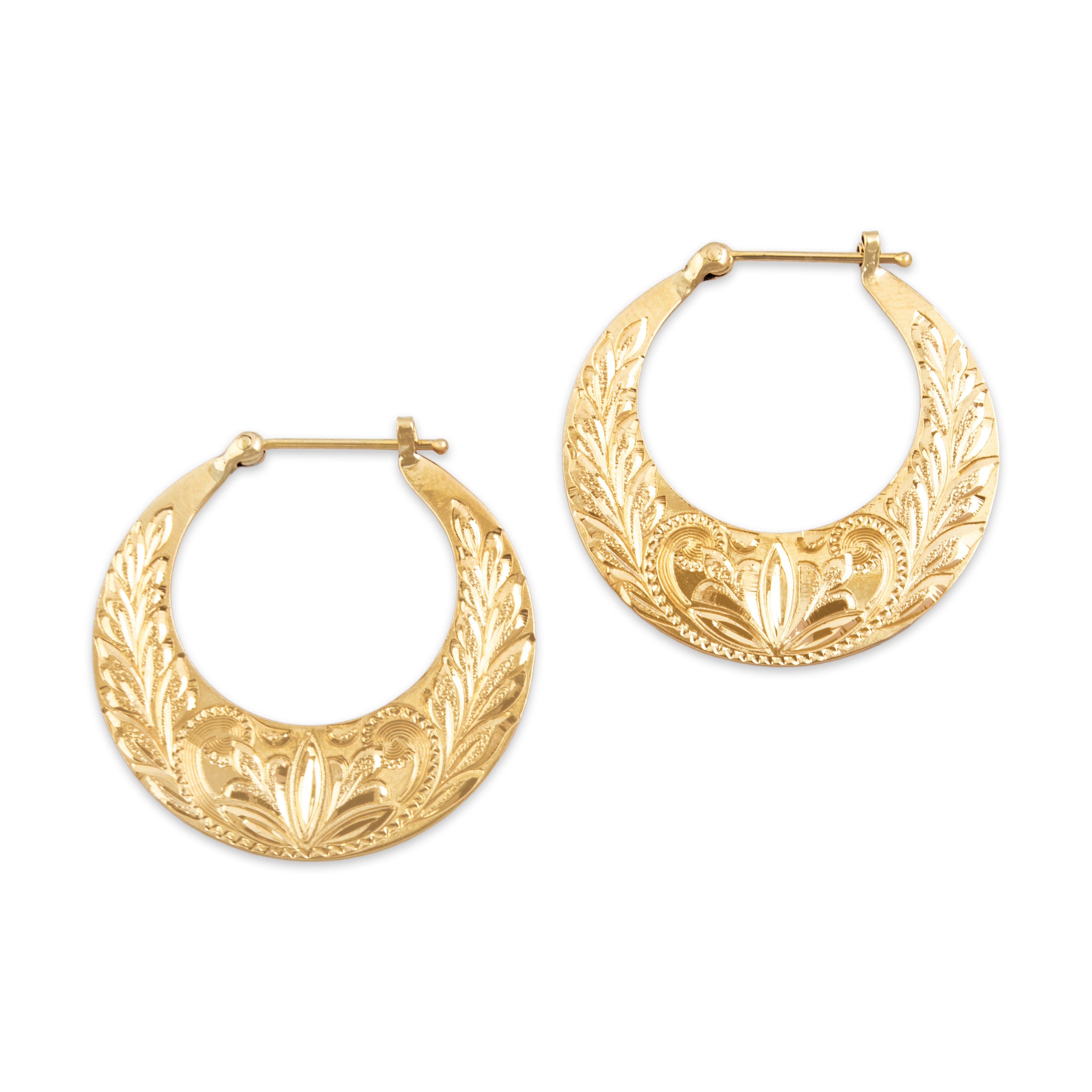 Vintage 14k Yellow Gold Hand-Engraved Foliate Hoop Earrings - Overall view