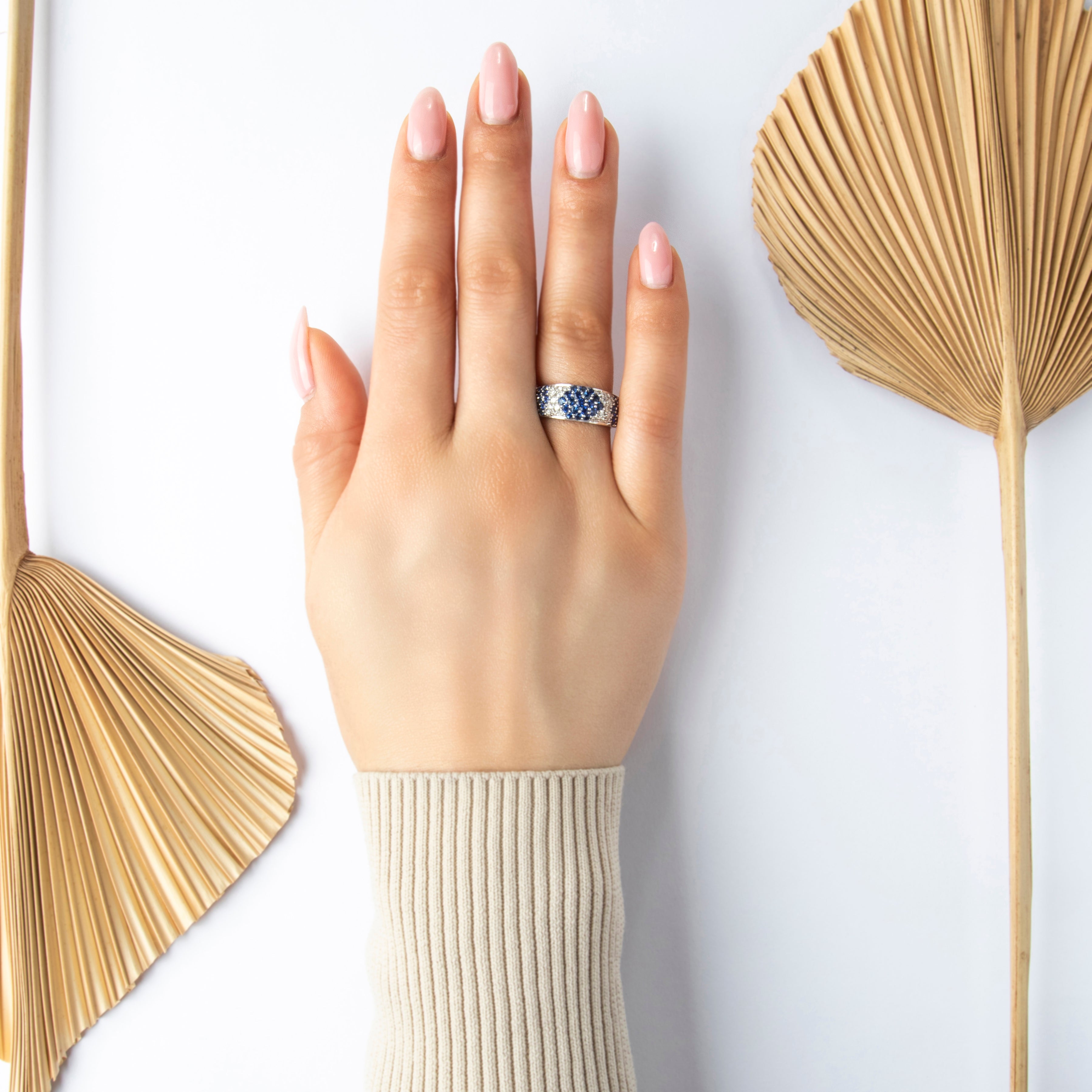 Vintage 14k White Gold Blue Sapphire .51cttw Diamond Wide Band Ring - On model view