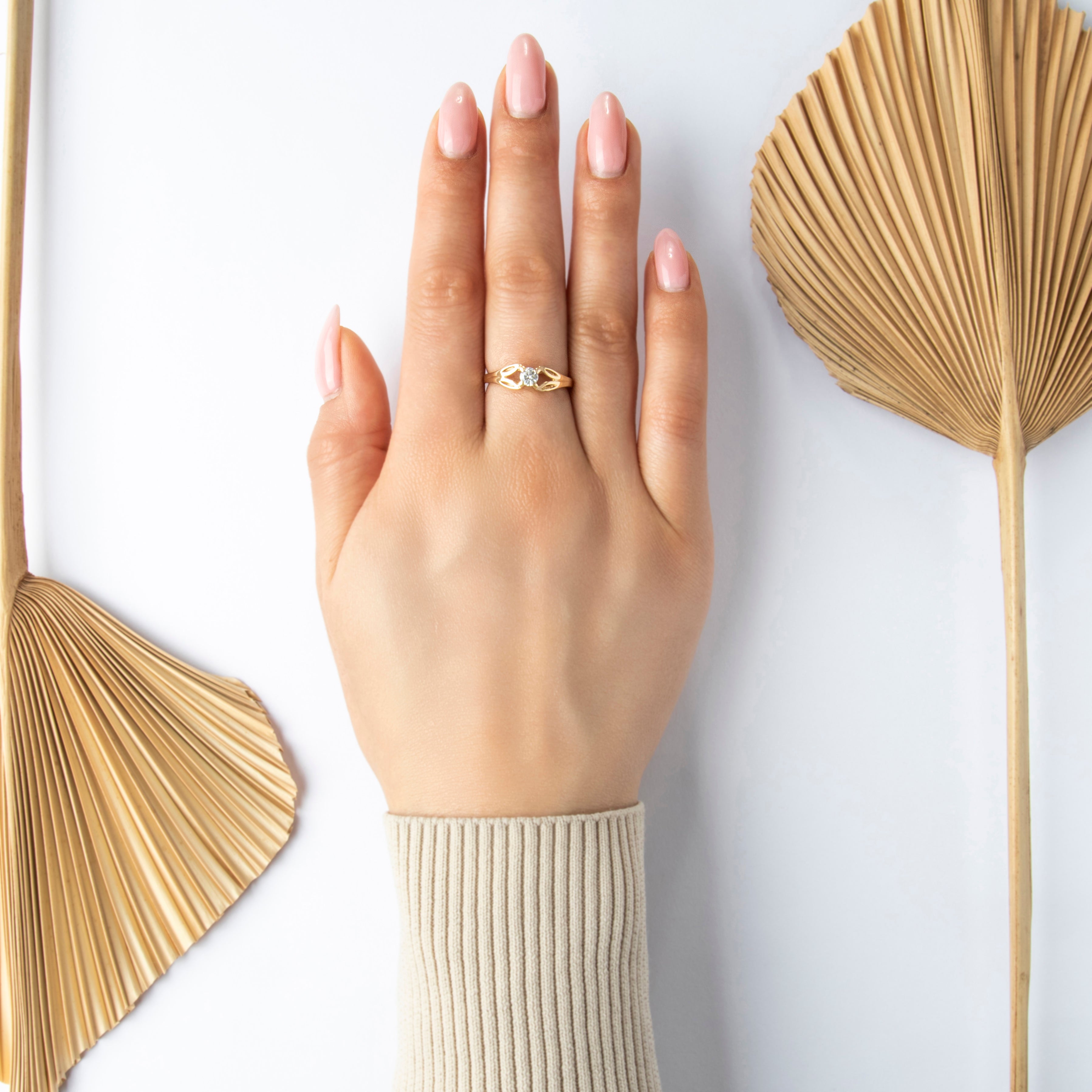 Vintage 14k Yellow Gold Diamond Open Shoulder Solitaire Ring - On model view