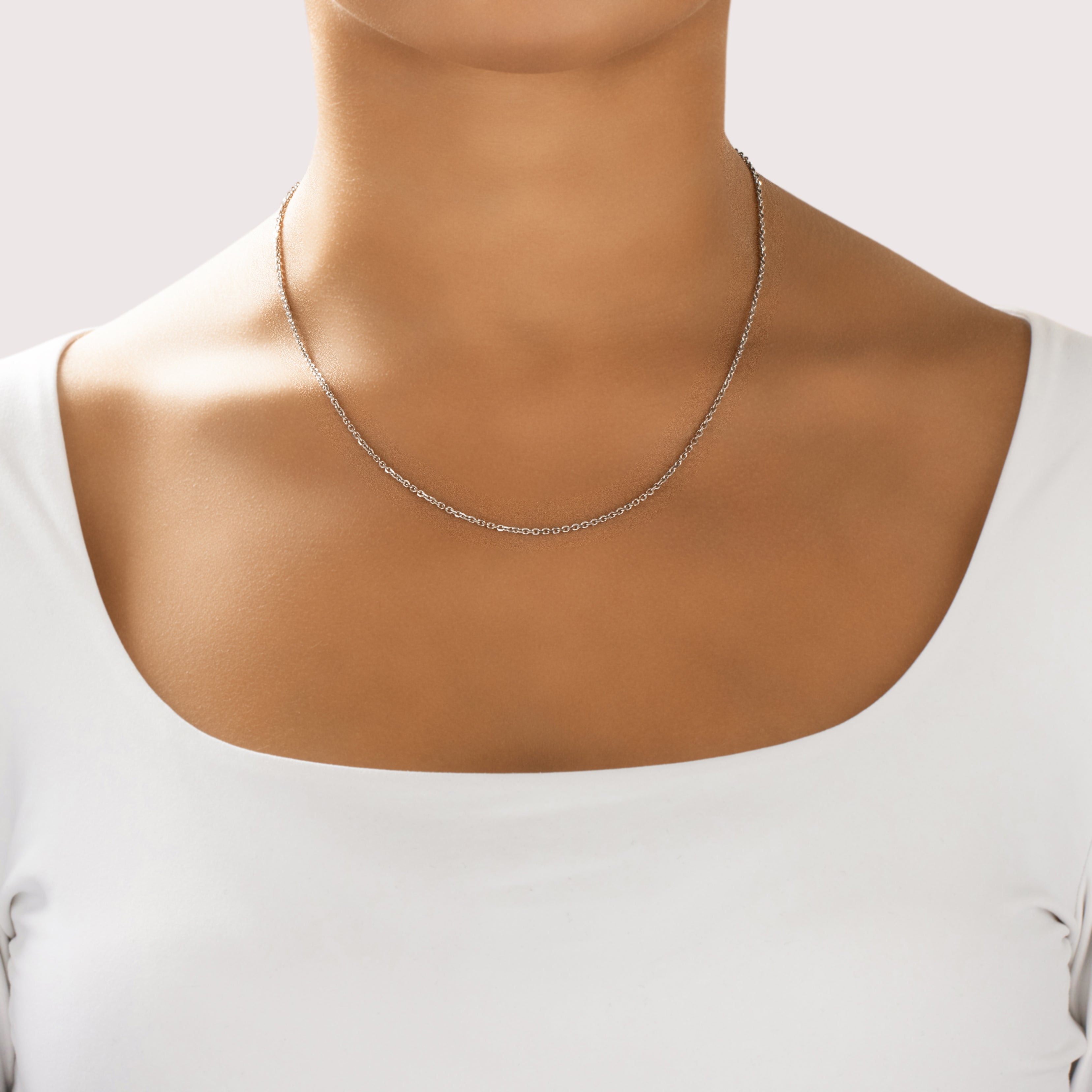 Vintage 14k White Gold Simple Everyday Cable Link 1.8mm Chain - On model view