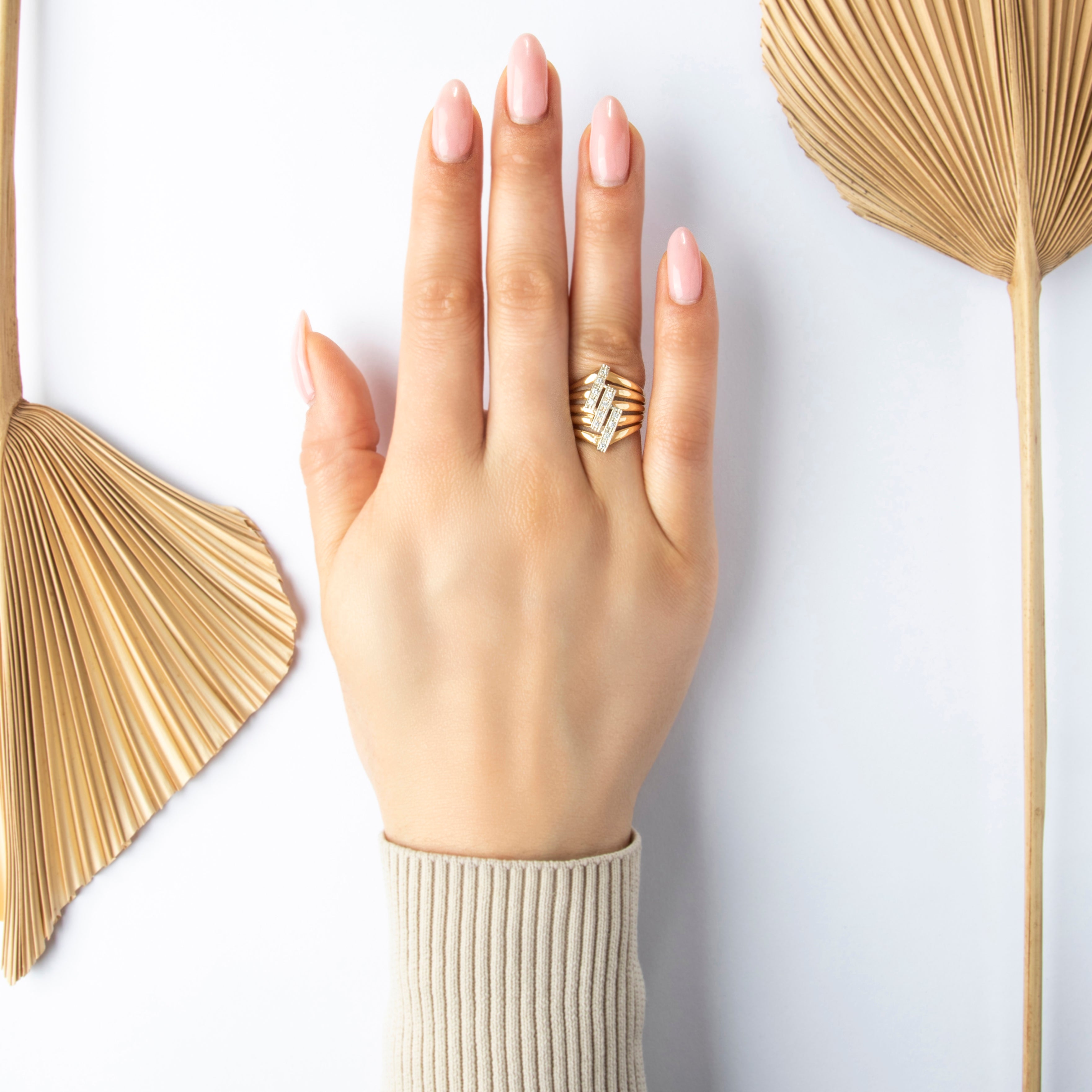 Vintage 14k Yellow Gold Diamond Bold Multi-Row Ring - On model view