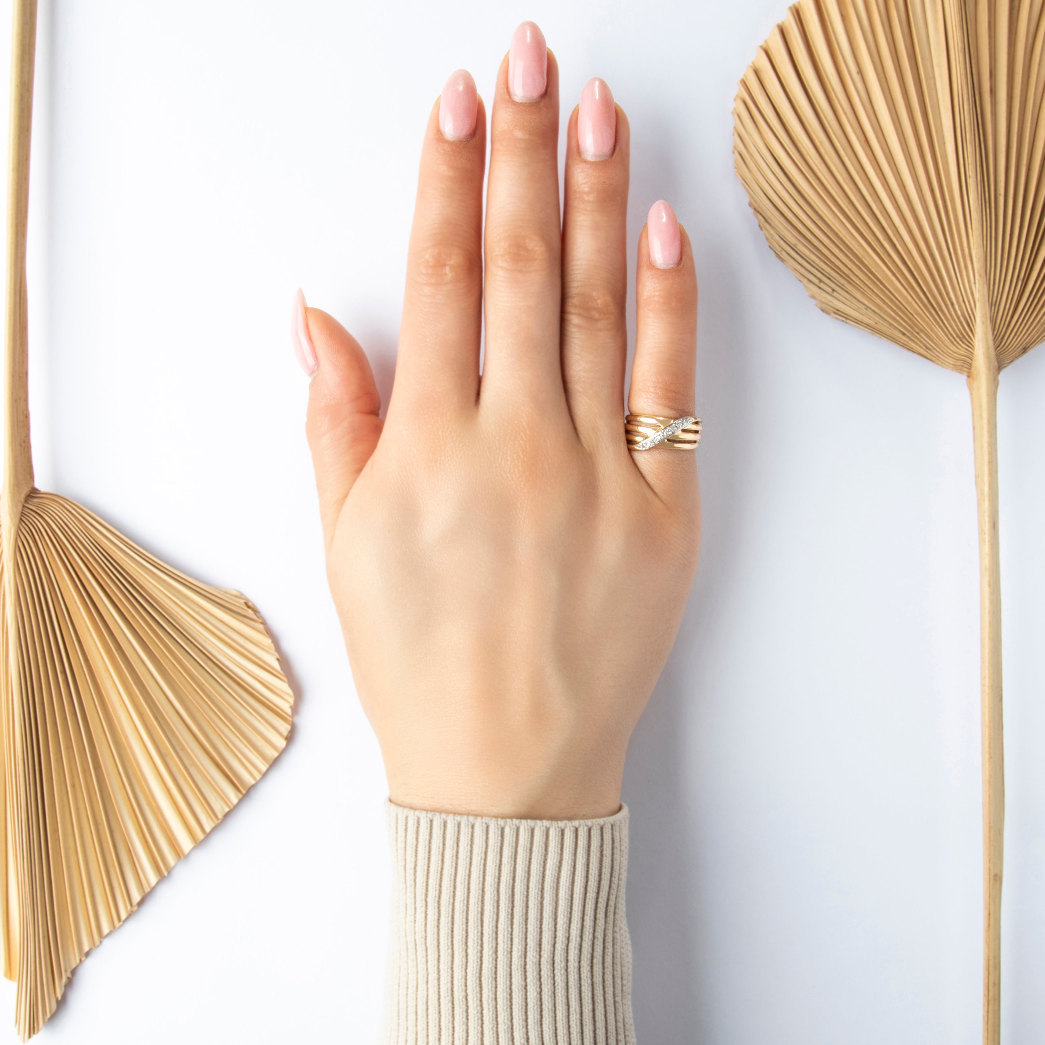 Vintage 14k Yellow Gold Diamond Open Shoulder Crossover Ring - On model view