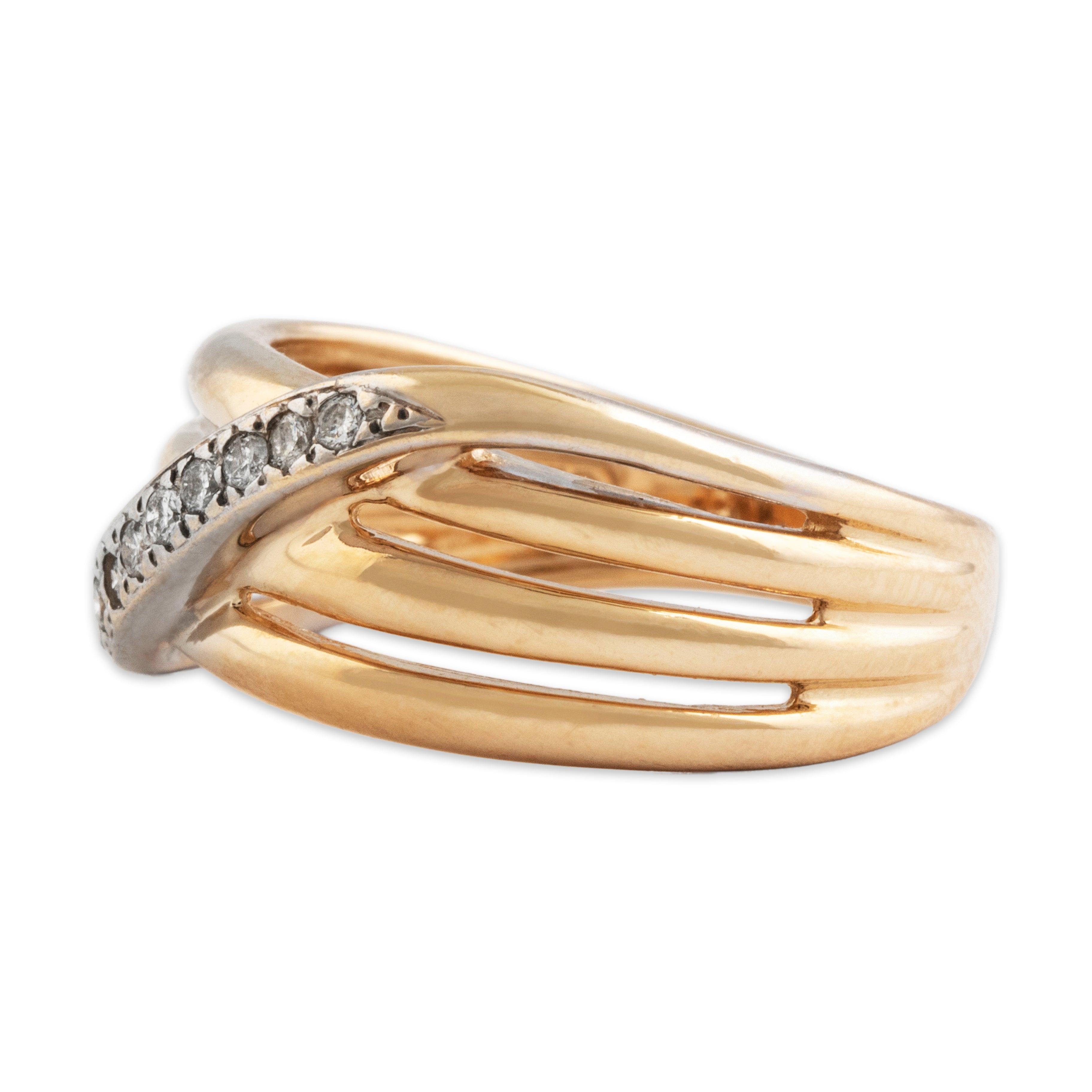 Vintage 14k Yellow Gold Diamond Open Shoulder Crossover Ring -Side view