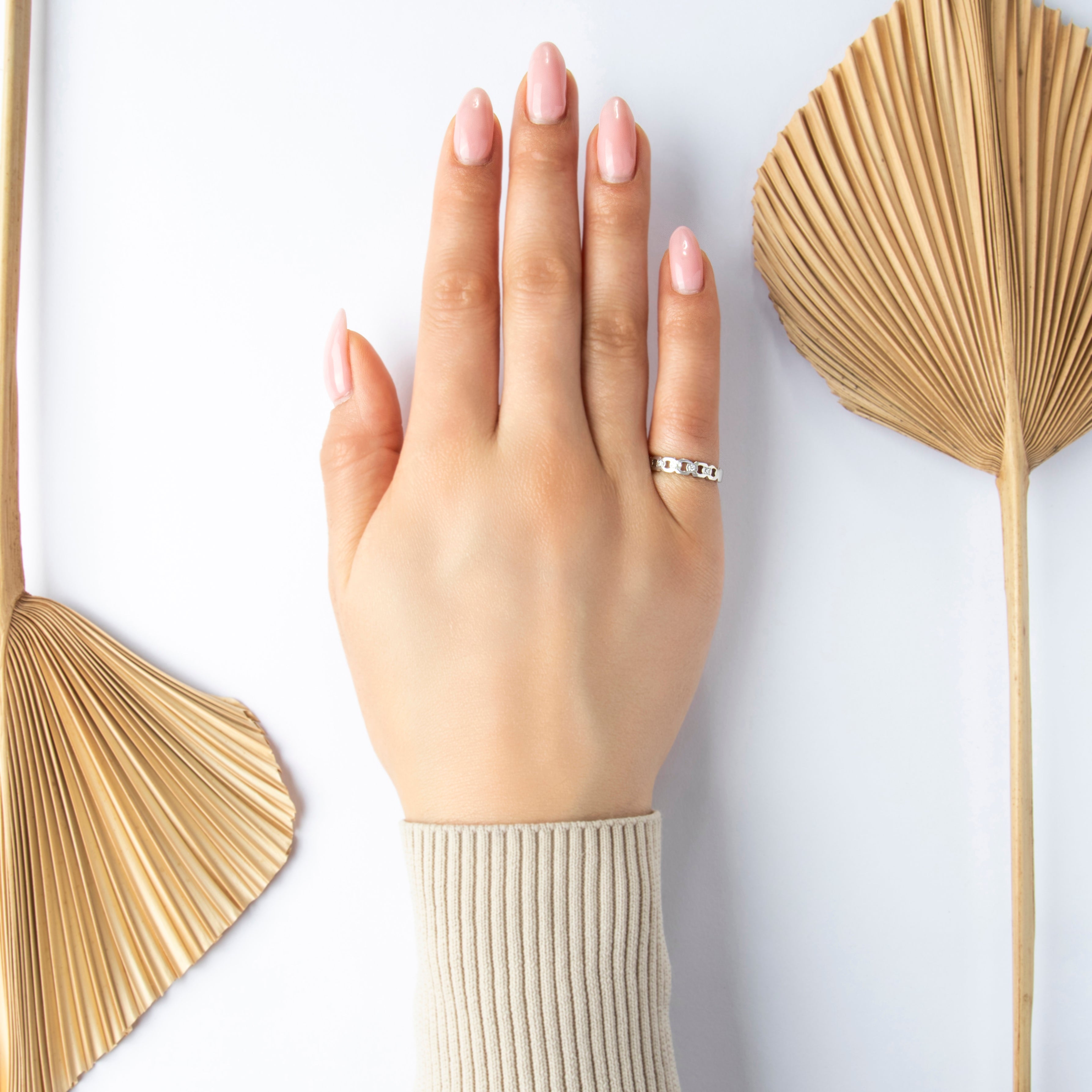 Vintage 14k White Gold Diamond Open Link Ring Band - On model view