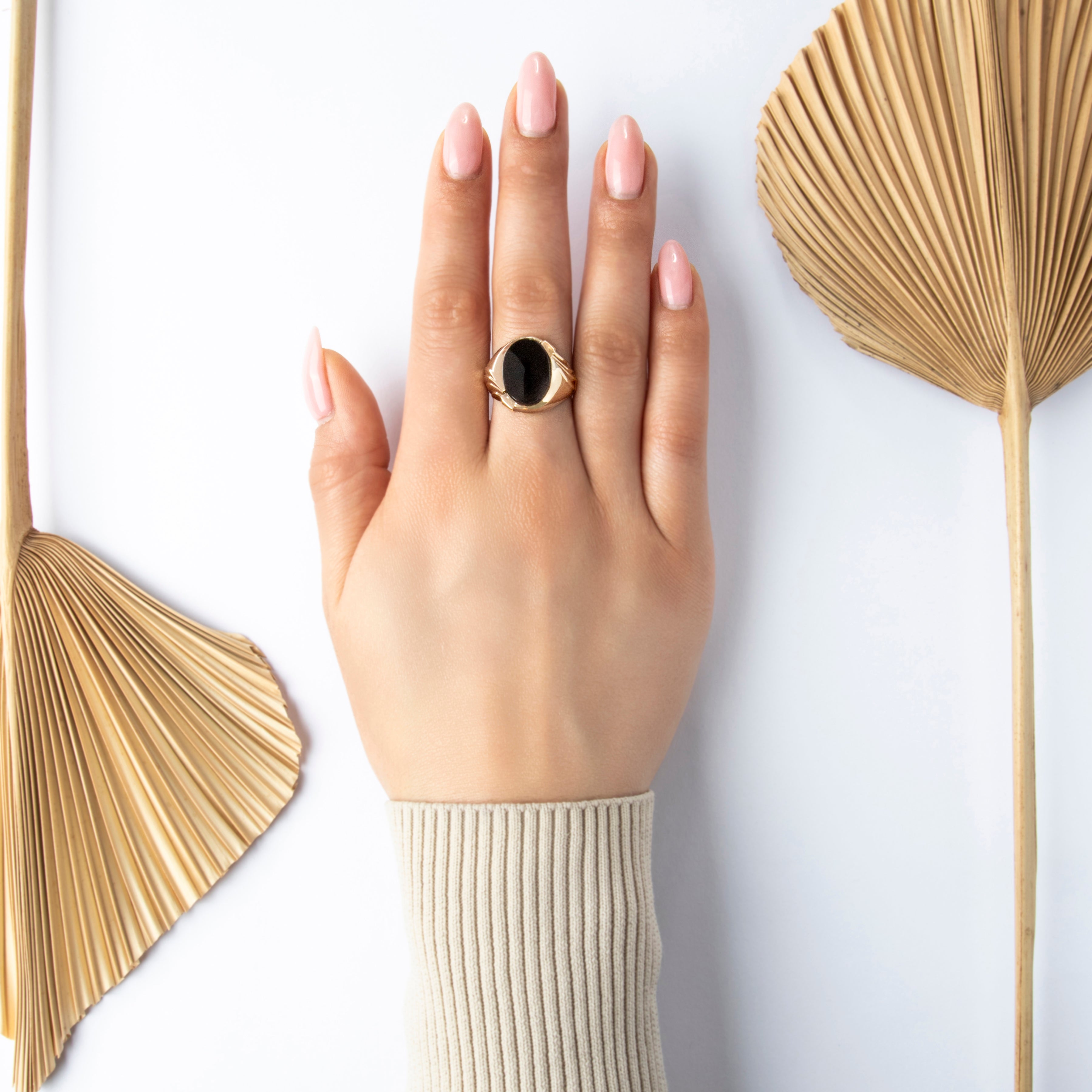 Vintage 10k Yellow Gold Onyx Swirling Oval Signet Ring  - On model view