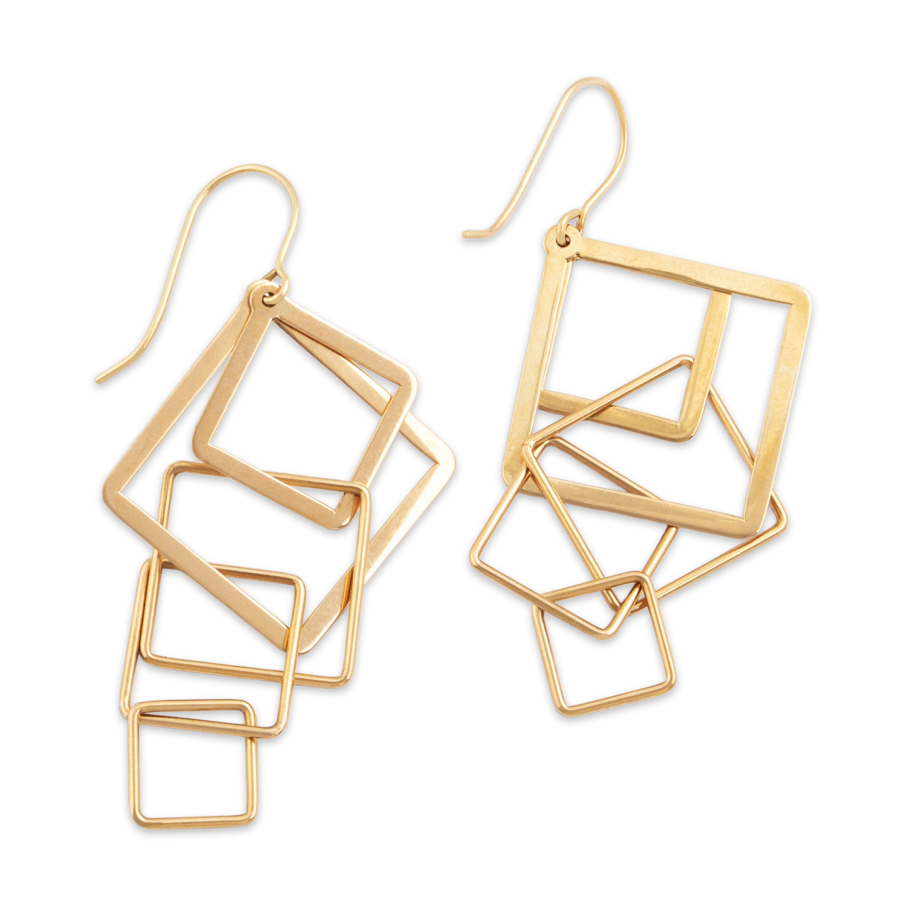 Vintage 14k Yellow Gold Bold Interlocking Square Dangle Earrings - Side view