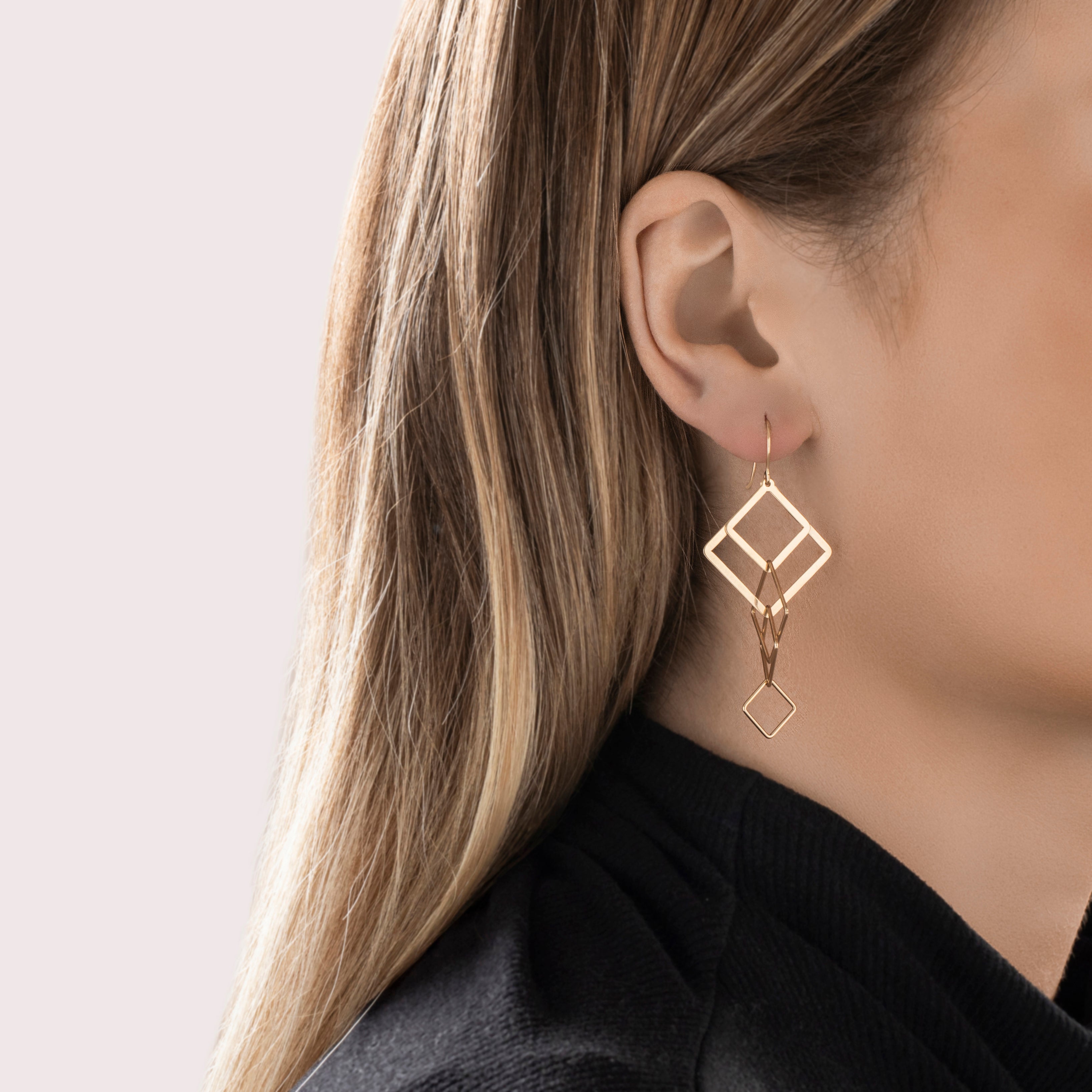 Vintage 14k Yellow Gold Bold Interlocking Square Dangle Earrings - On model view