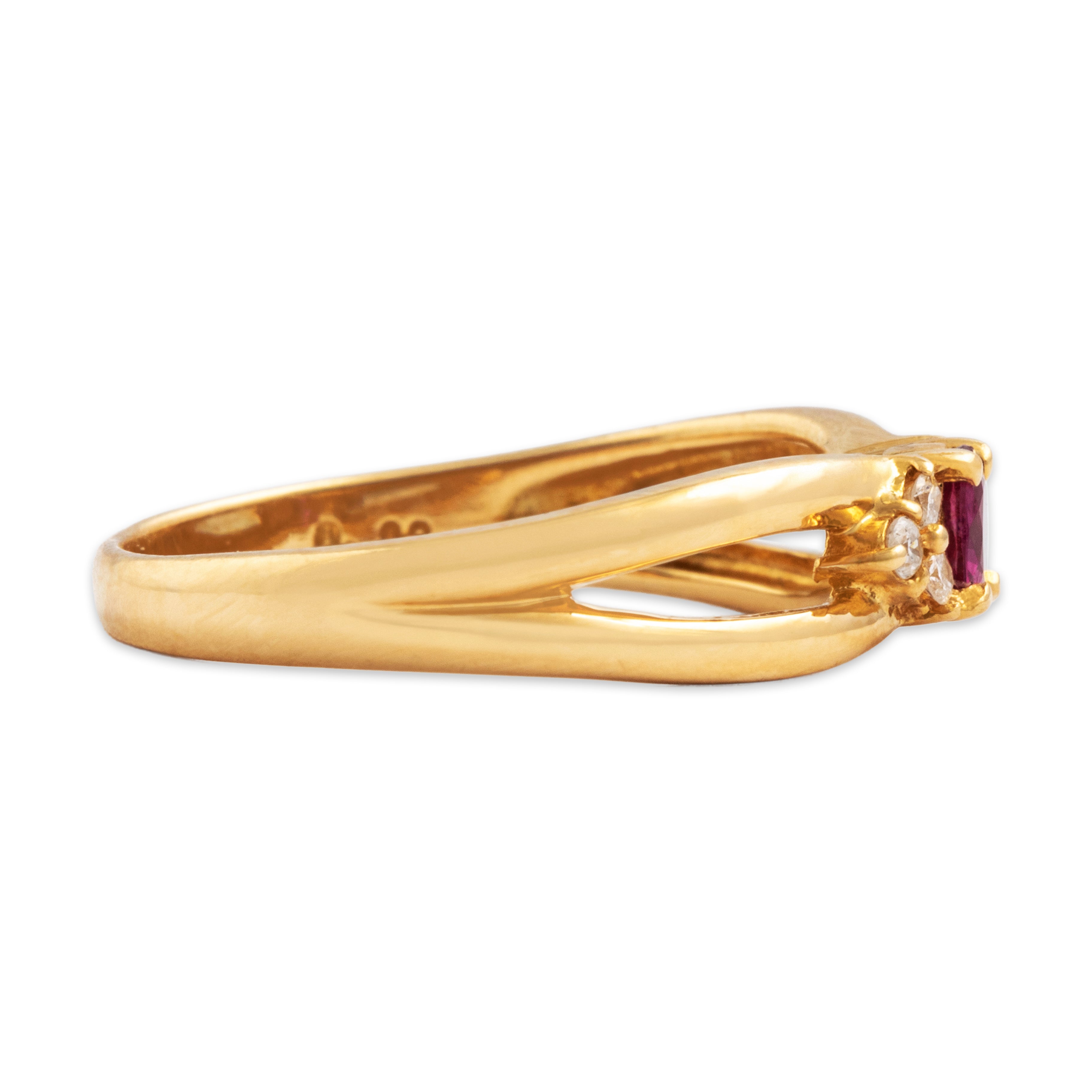 Vintage 18k Yellow Gold Ruby And Diamond Open Trio Ring - Side view