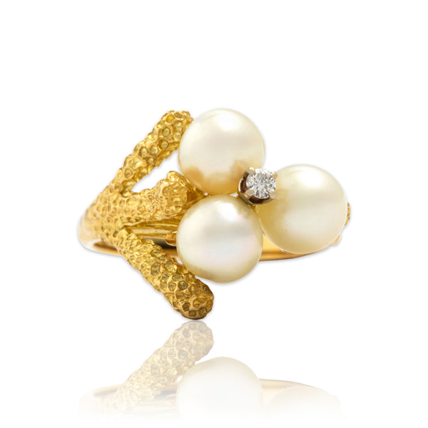 Vintage 18k Yellow Gold Pearl Diamond Bold Brutalist Abstract Shoulder Ring 6.25
