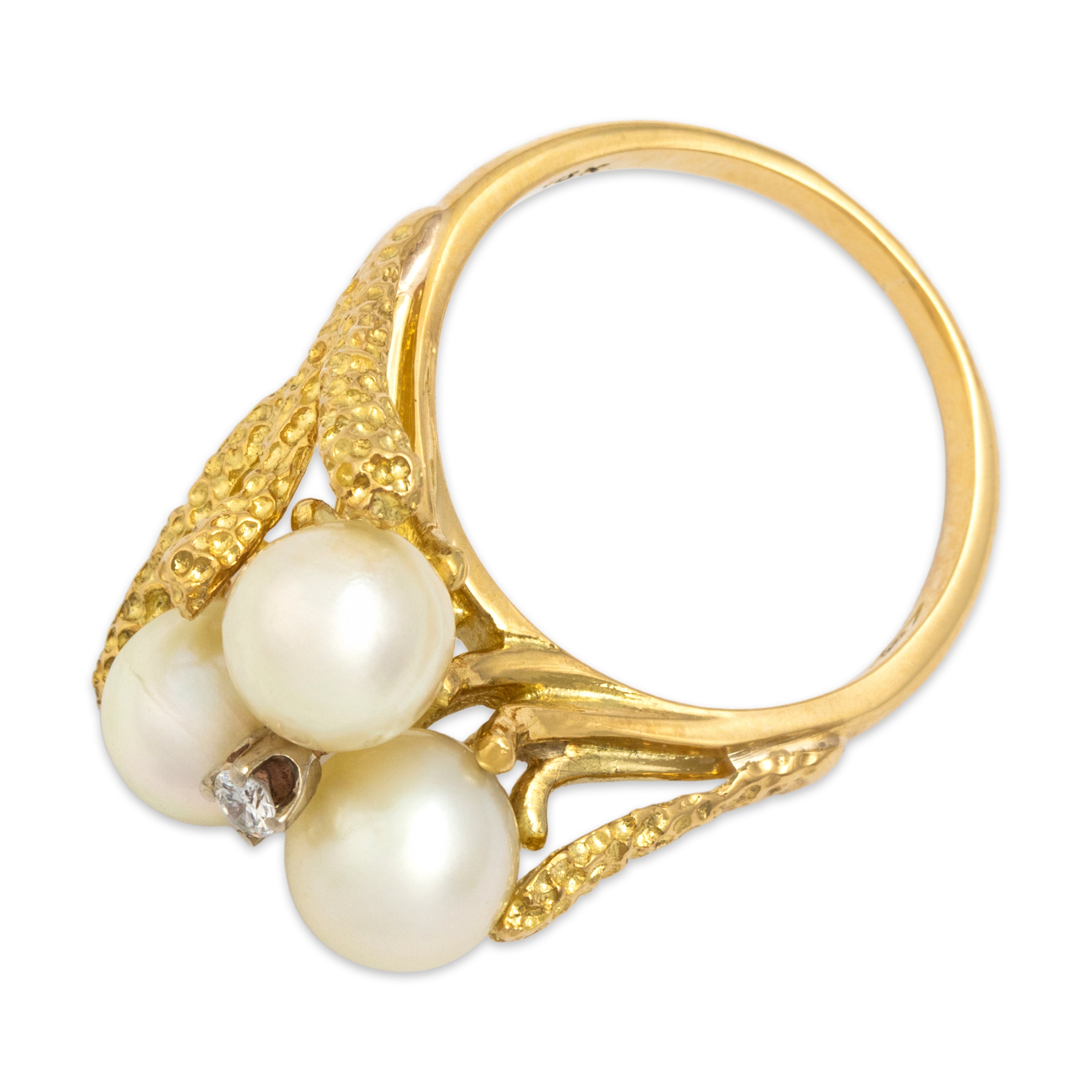 Vintage 18k Yellow Gold Pearl Diamond Bold Brutalist Abstract Shoulder Ring - Overall view