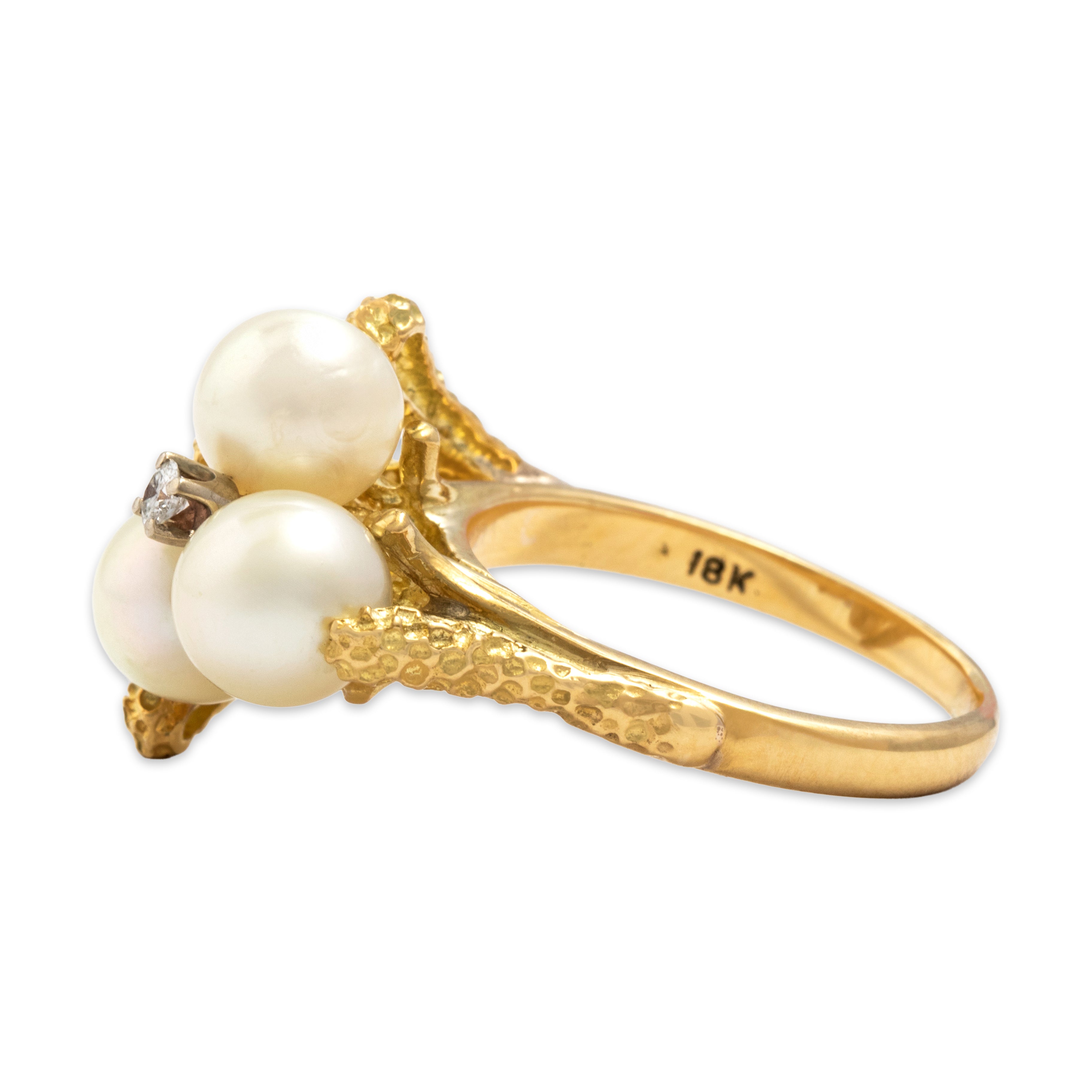 Vintage 18k Yellow Gold Pearl Diamond Bold Brutalist Abstract Shoulder Ring - Side view