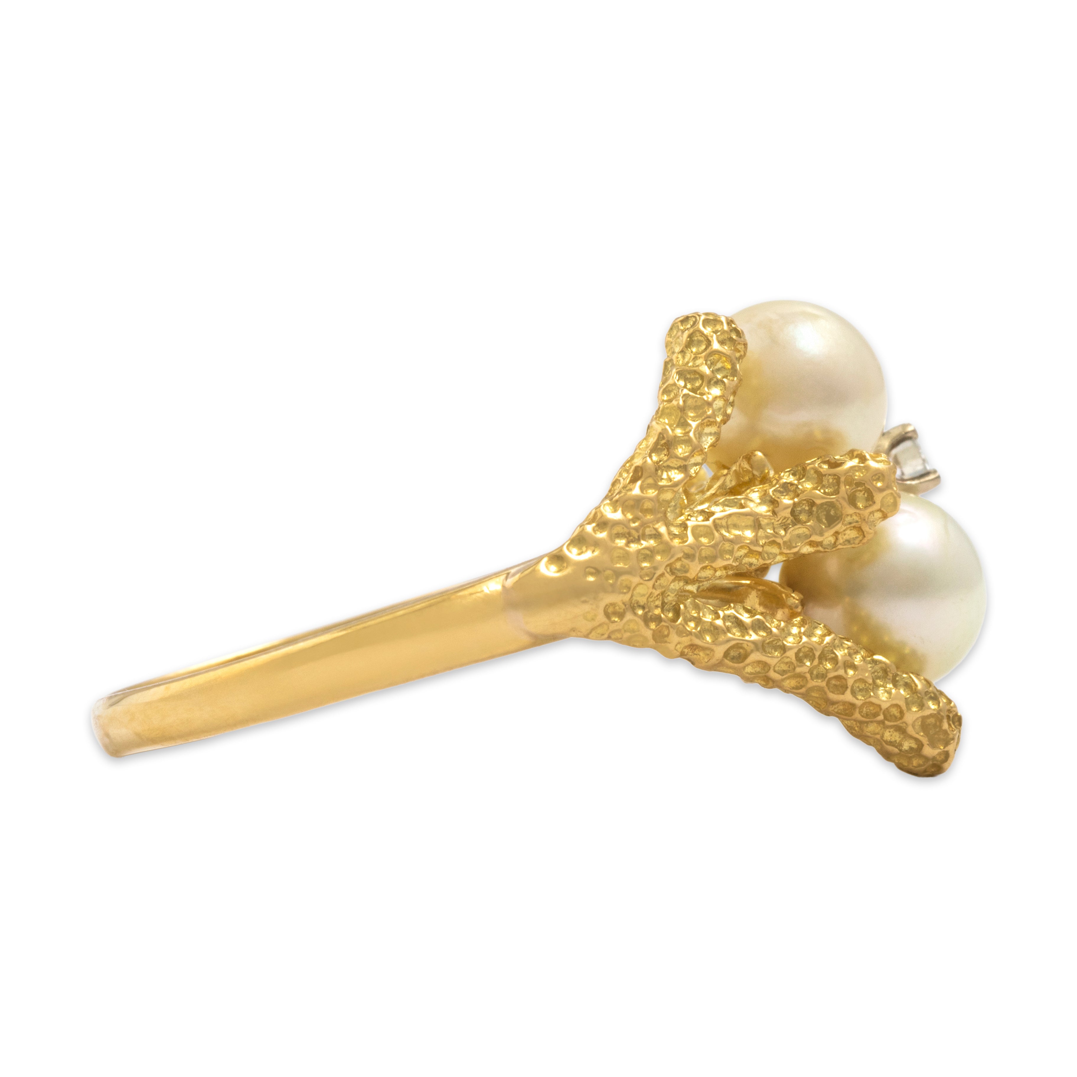 Vintage 18k Yellow Gold Pearl Diamond Bold Brutalist Abstract Shoulder Ring - Side view