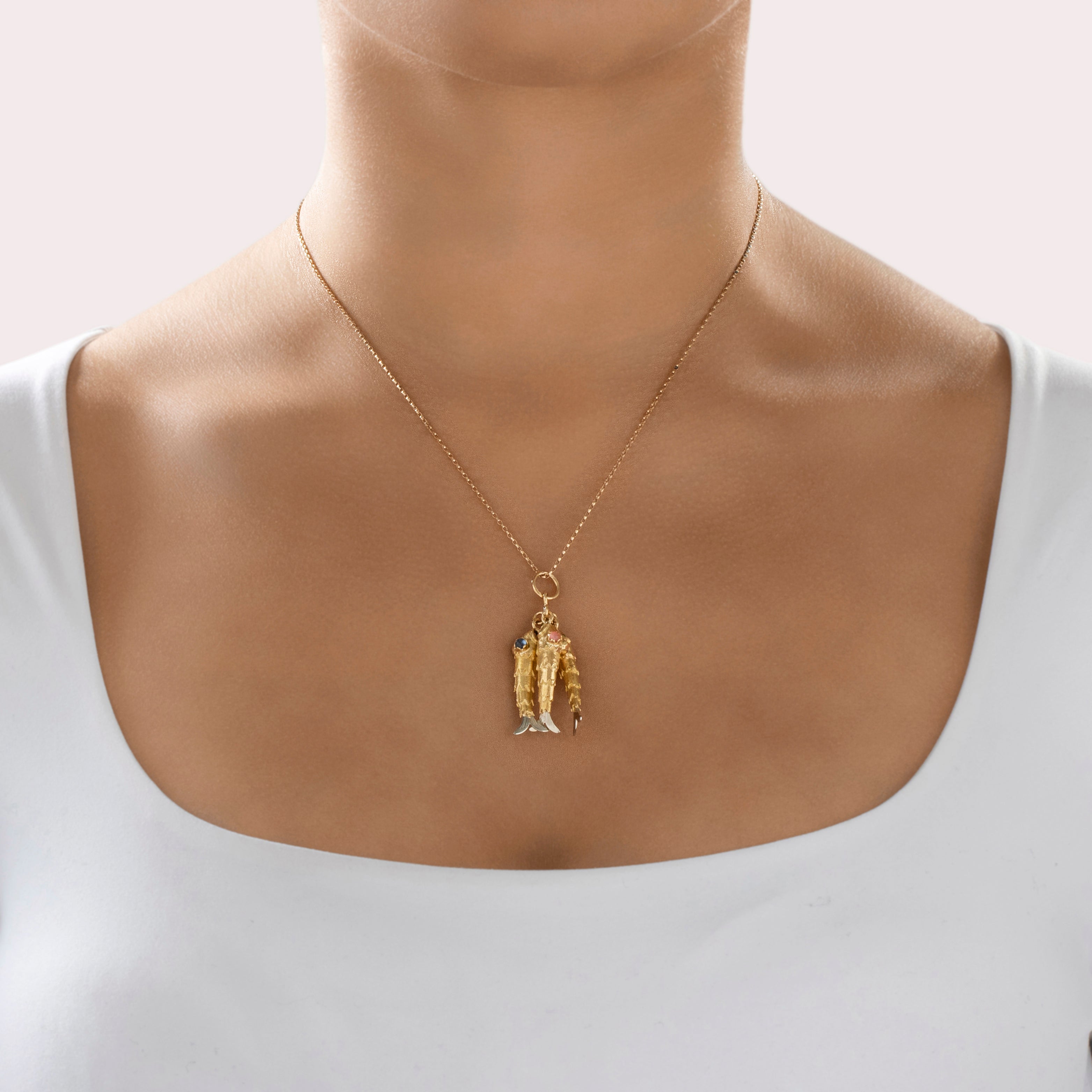 Heavy Vintage 18k Yellow & White Gold Amber Foil-Backed Glass Blue Foil-Backed Glass Pink Foil-Backed Glass Whimsical Minnow Trio Charm / Pendant - On model view