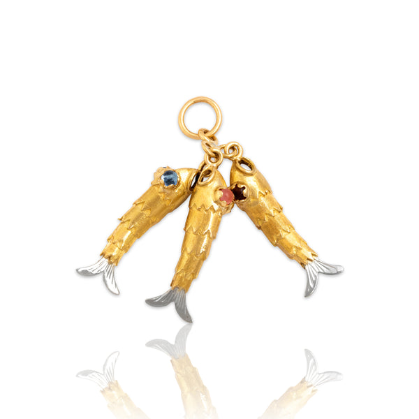 Vintage Heavy 18k Yellow & White Gold Multicolor Glass Fish Trio Charm / Pendant