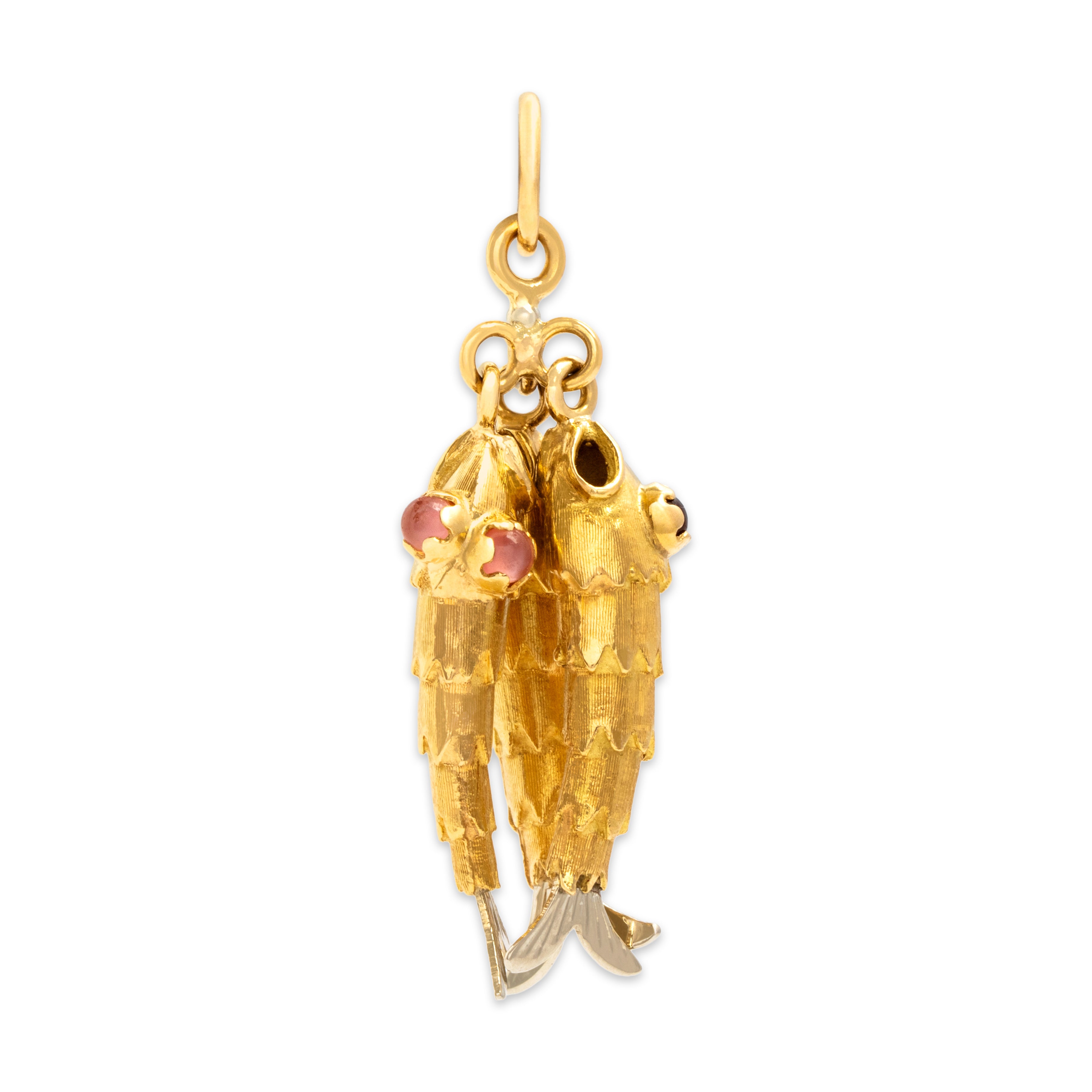 Vintage Heavy 18k Yellow & White Gold Multicolor Glass Fish Trio Charm / Pendant