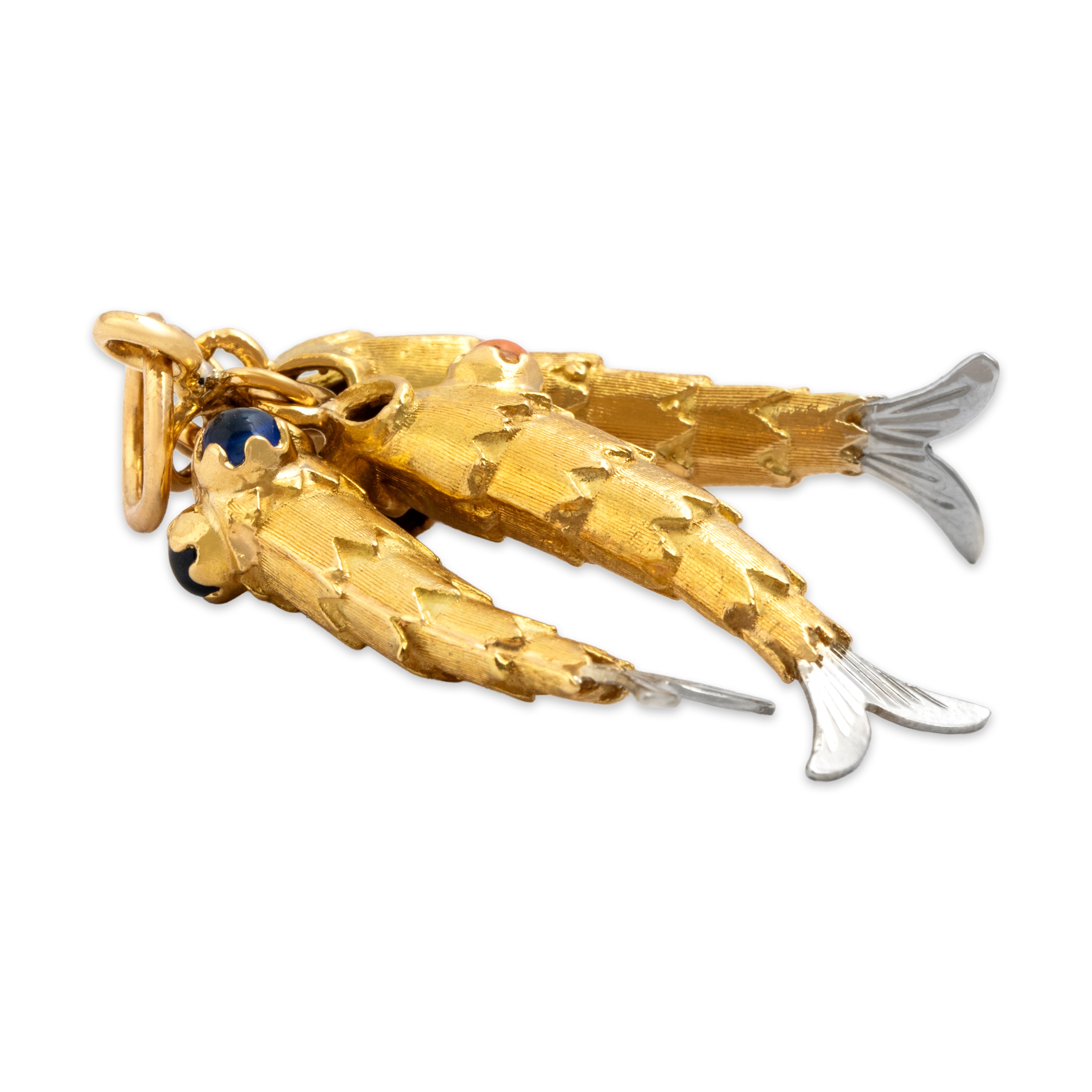 Heavy Vintage 18k Yellow & White Gold Amber Foil-Backed Glass Blue Foil-Backed Glass Pink Foil-Backed Glass Whimsical Minnow Trio Charm / Pendant - Side view