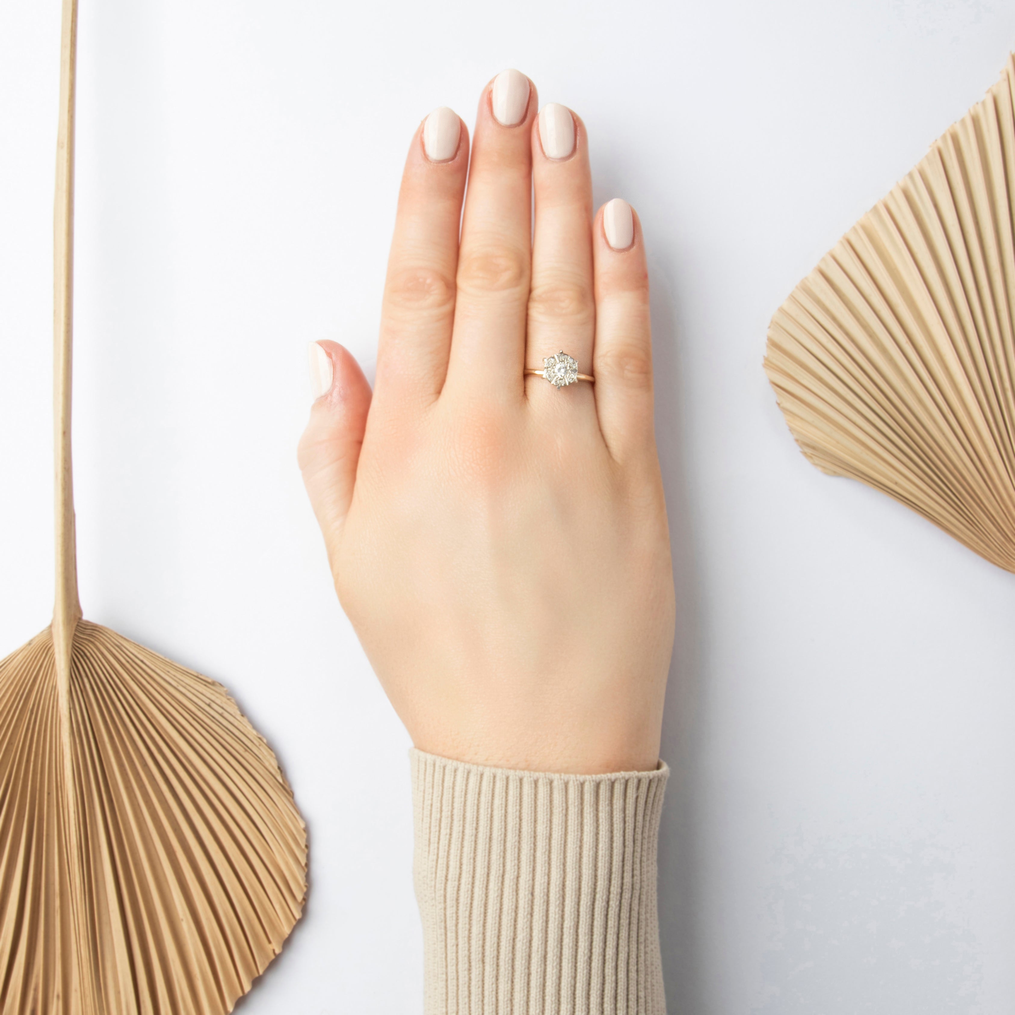 Vintage 14k Yellow & White Gold Diamond Architectural Flat Halo Ring - On model view