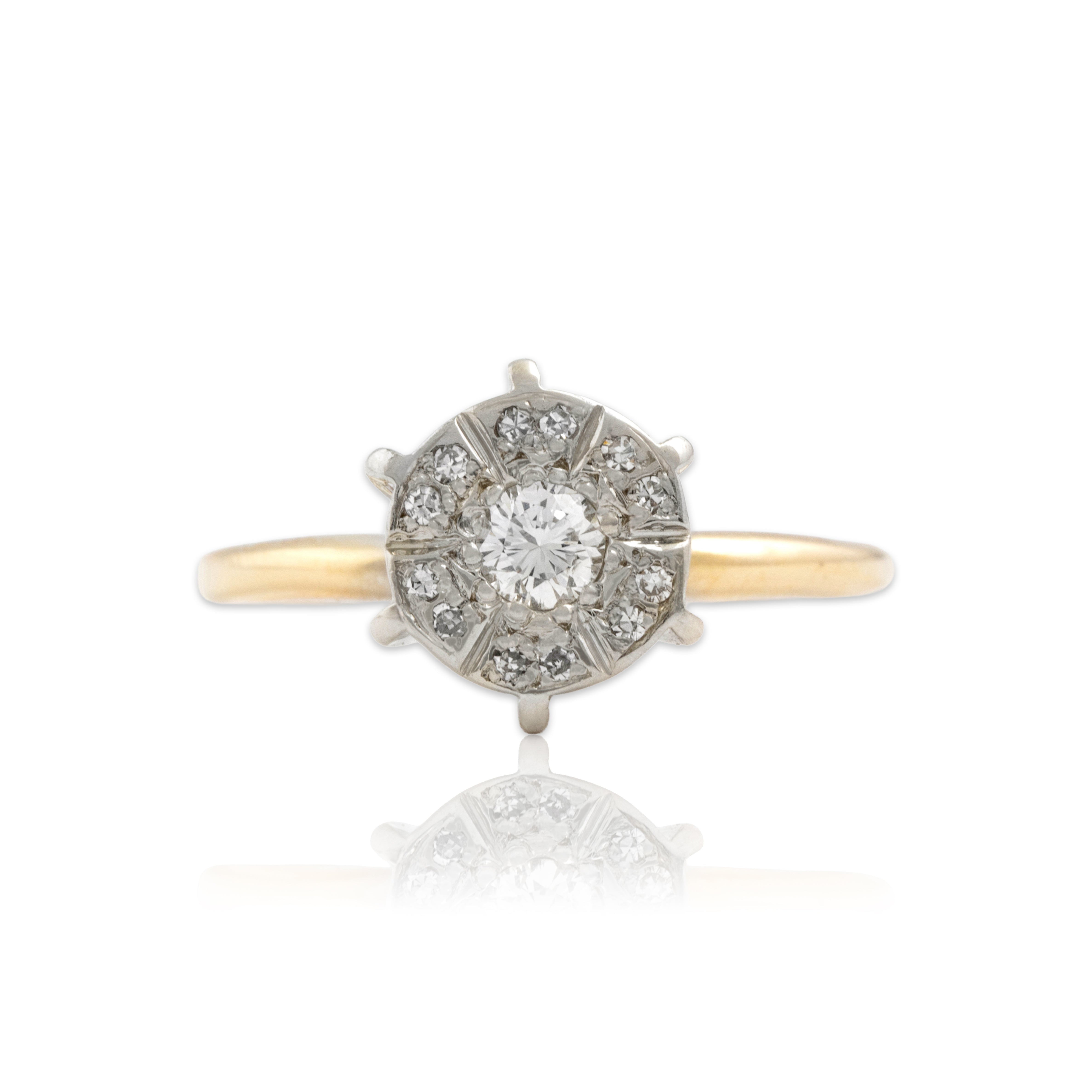 Vintage 14k Yellow & White Gold Diamond Architectural Flat Halo Ring 7.50