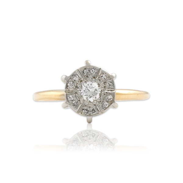 Vintage 14k Yellow & White Gold Diamond Architectural Flat Halo Ring 7.50