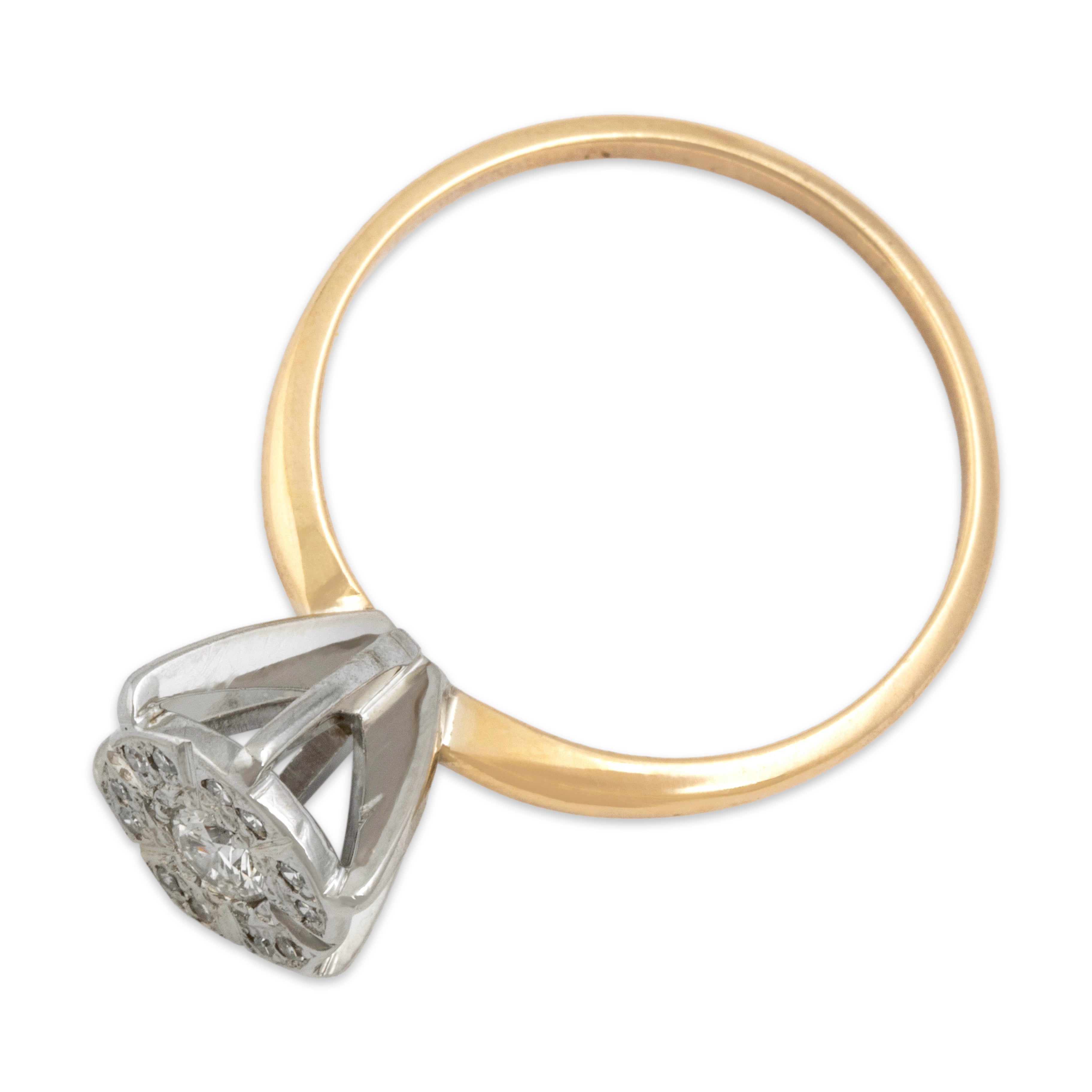 Vintage 14k Yellow & White Gold Diamond Architectural Flat Halo Ring 7.50