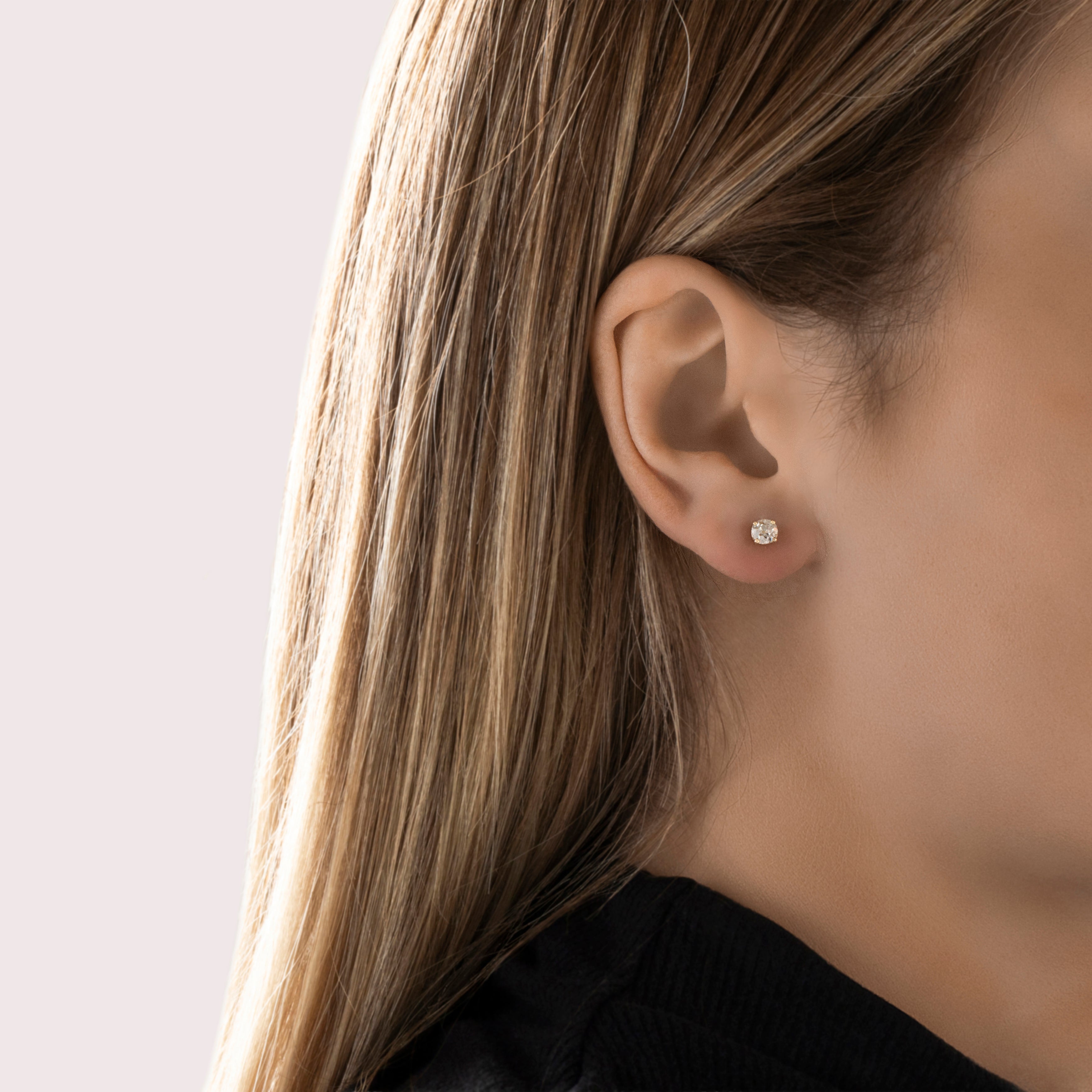 Vintage 14k Yellow Gold Old Mine Cut Diamond Stud Earrings - On model view