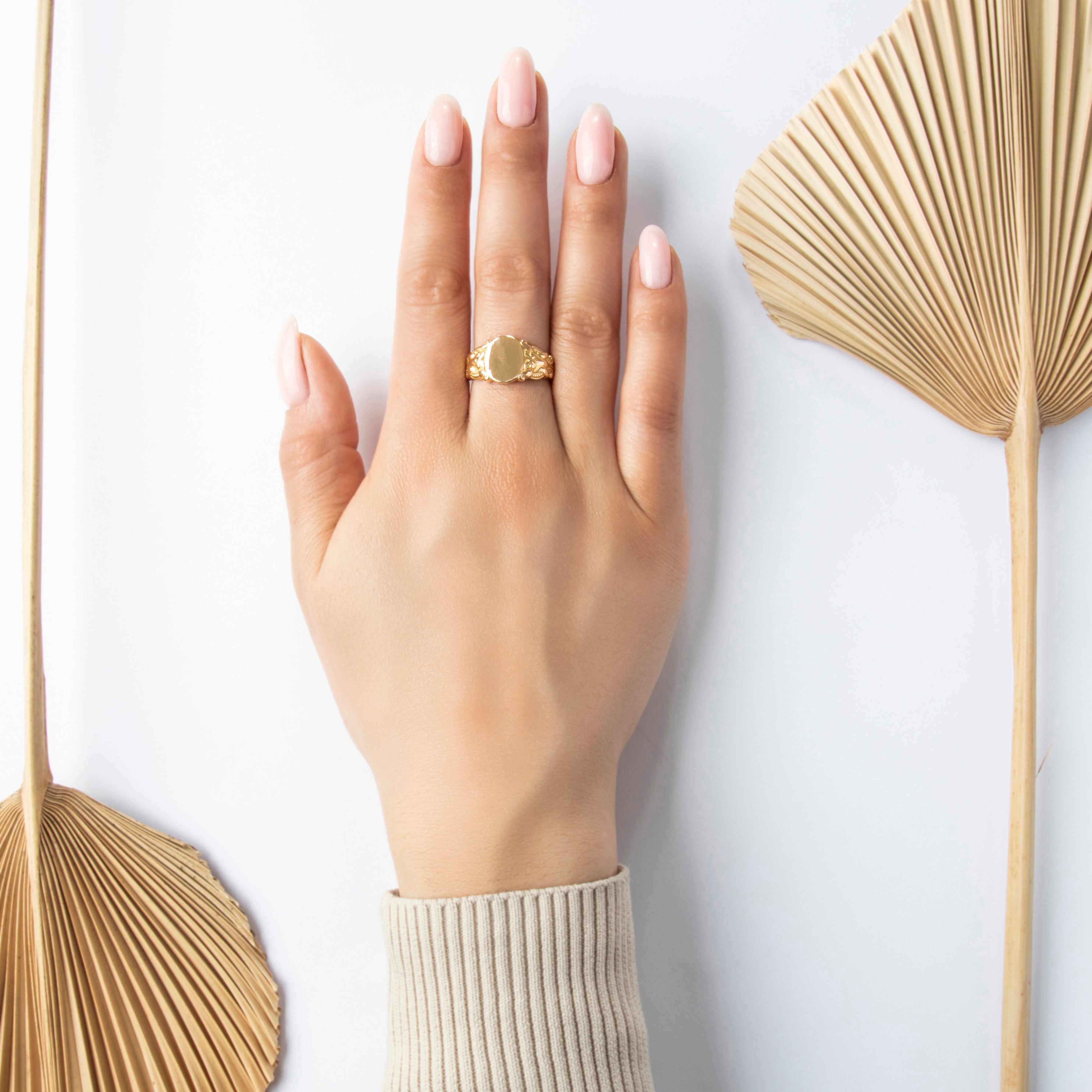 Antique Heavy 14k Yellow Gold Incredible Flourishing Monogram Signet Ring - On model view