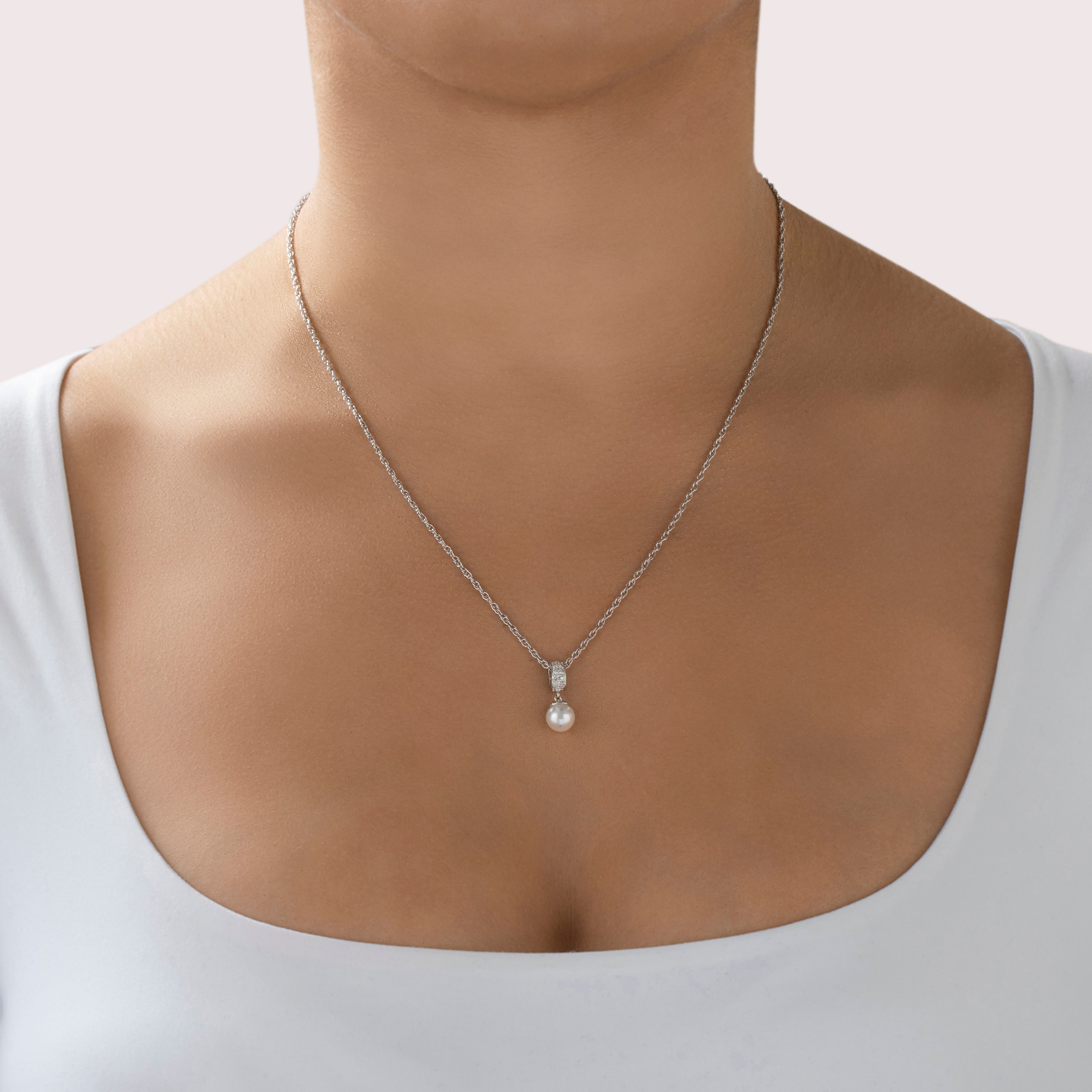 Vintage 14k White Gold Diamond Elegant Drop Pendant - On model view