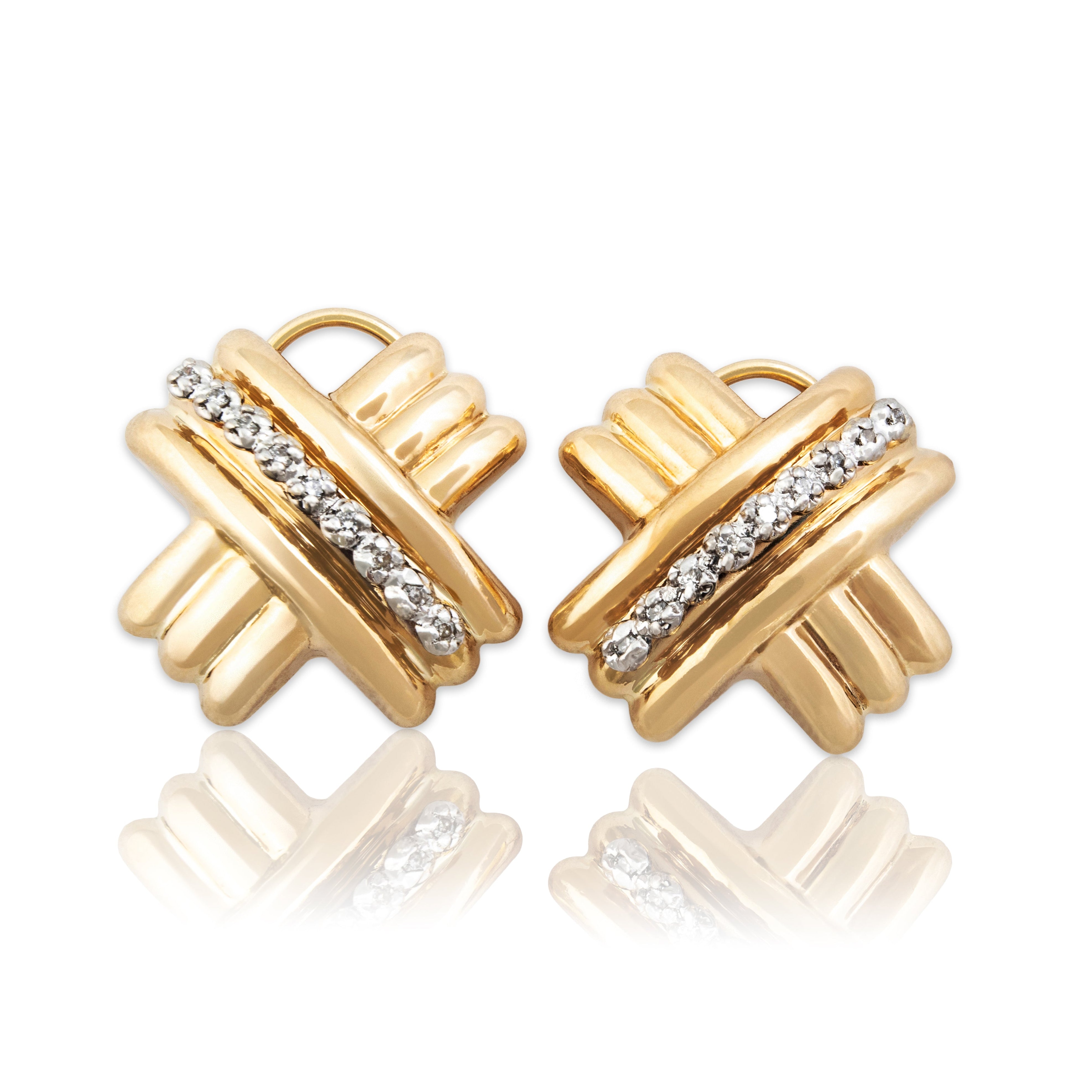 Vintage 14k Yellow Gold Diamond Ribbed X Stud Earrings - Close-up view