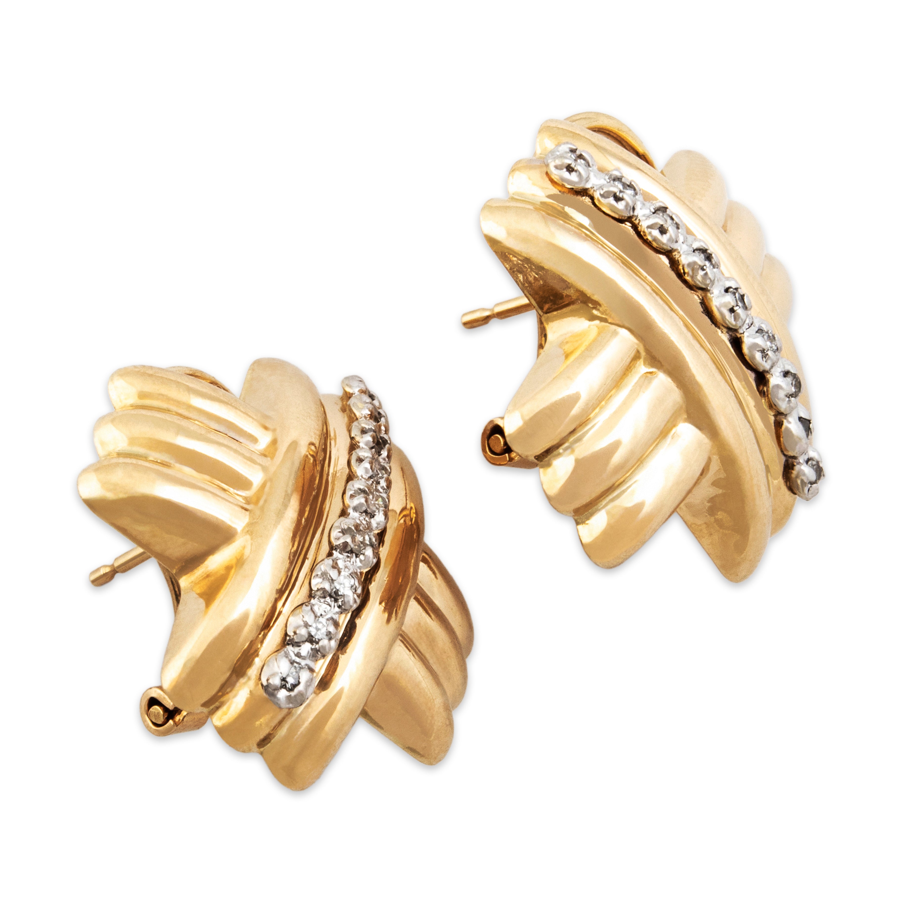 Vintage 14k Yellow Gold Diamond Ribbed X Stud Earrings - Side view