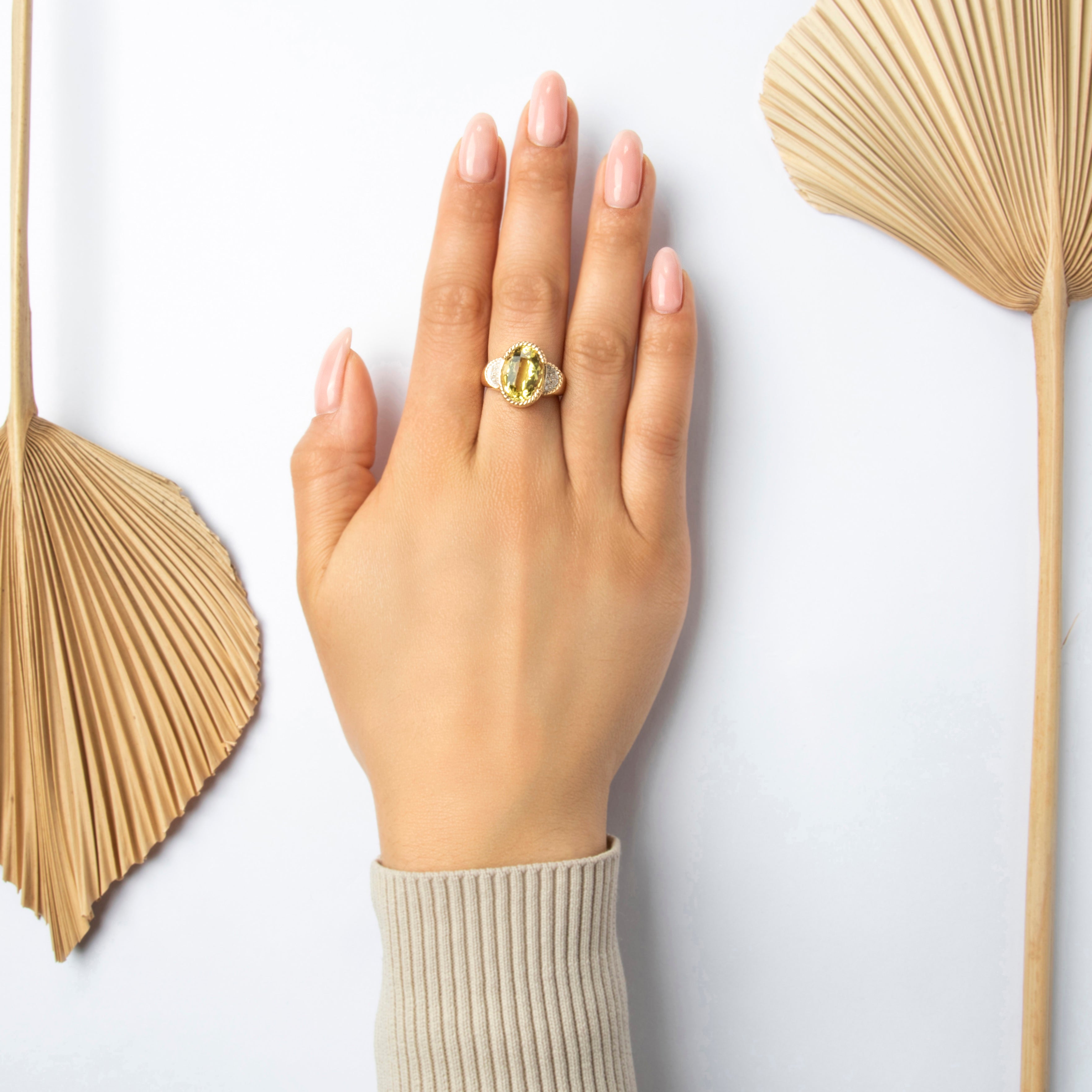 Vintage 14k Yellow Gold Lemon Quartz 5.58ct Diamond Fantastic Framed Checkerboard Cocktail Ring - On model view