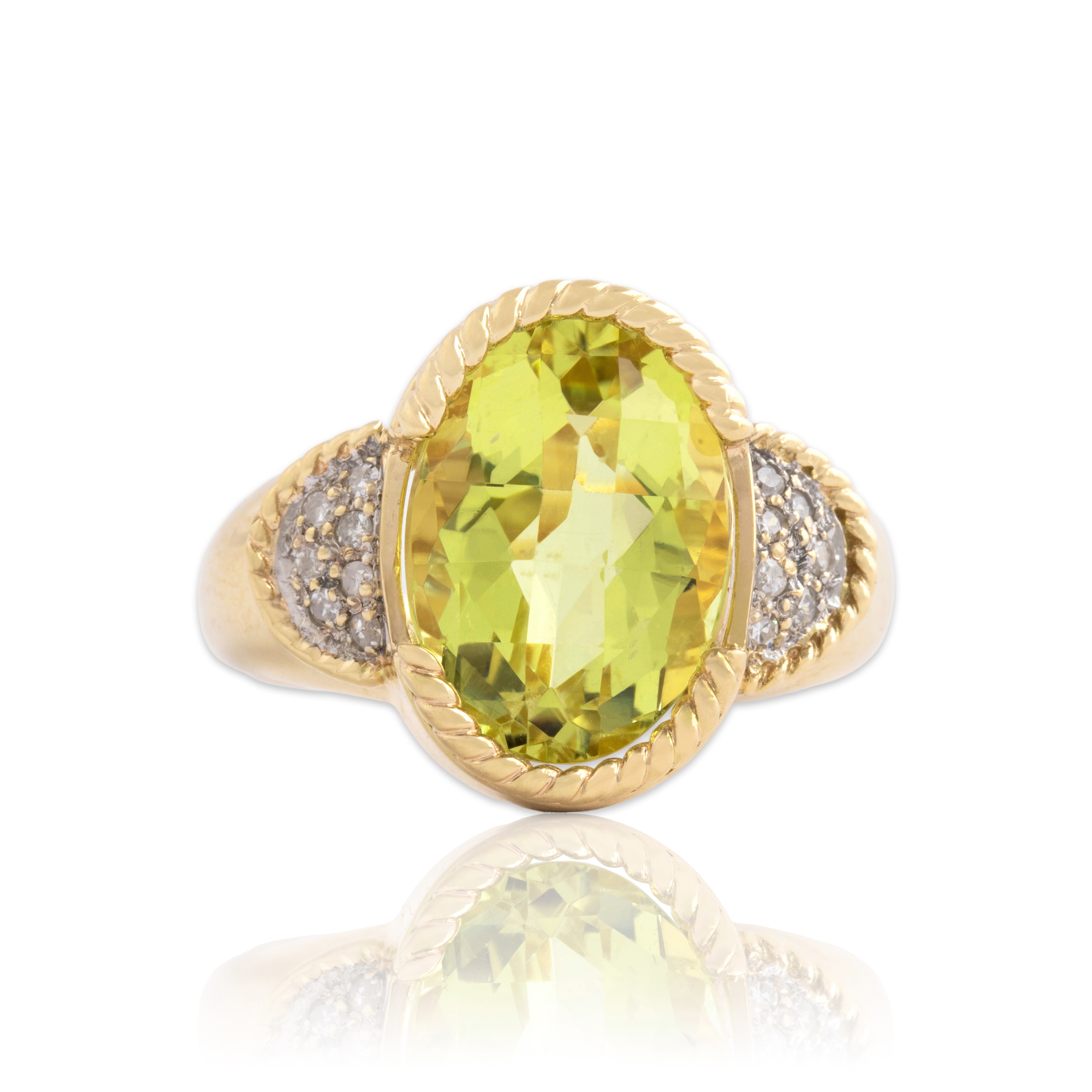 Vintage 14k Yellow Gold 5.58ct Lemon Quartz Diamond Checkerboard Cocktail Ring 8.00