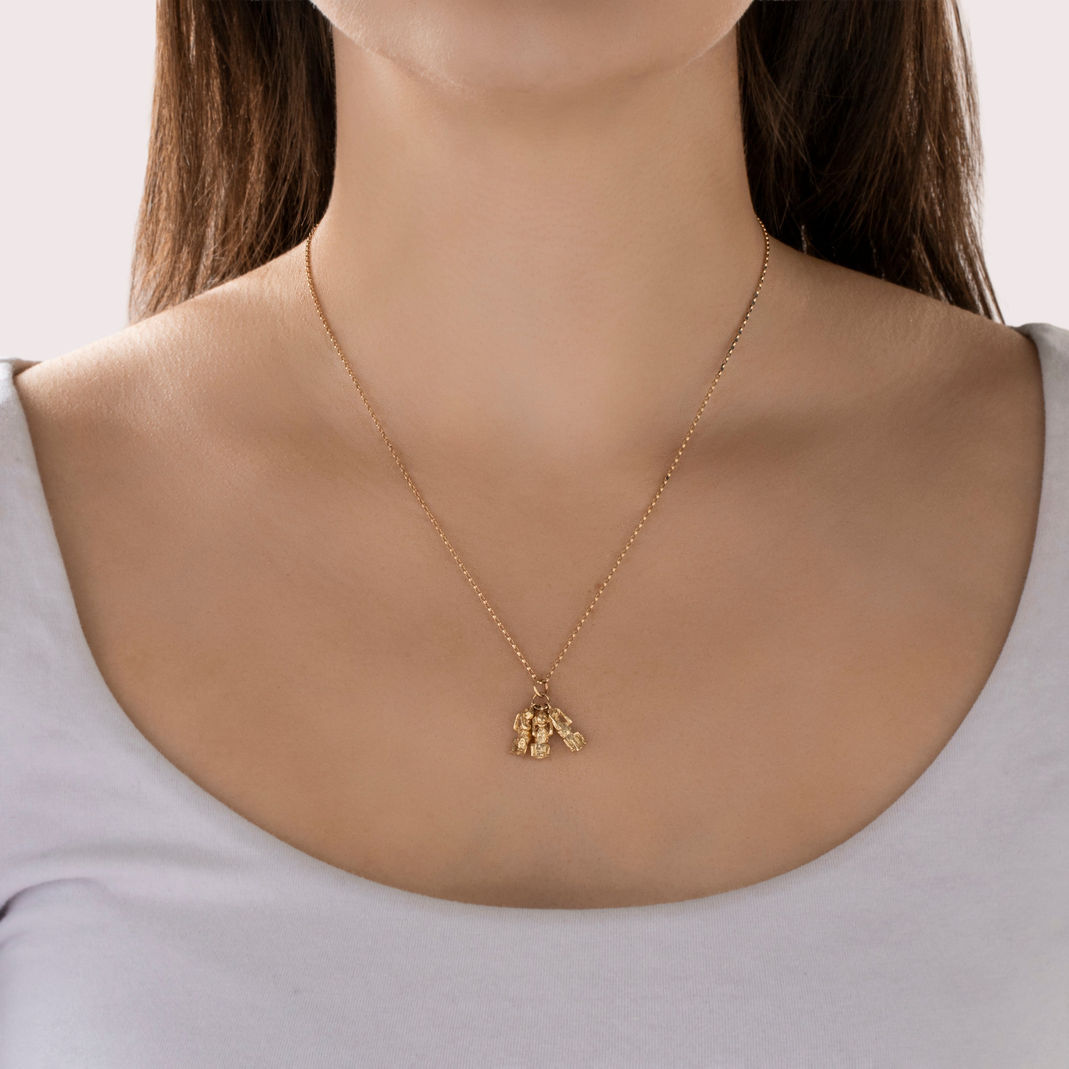 Vintage 14k Yellow Gold Heavy Three Wise Monkeys Charm Pendant - On model view