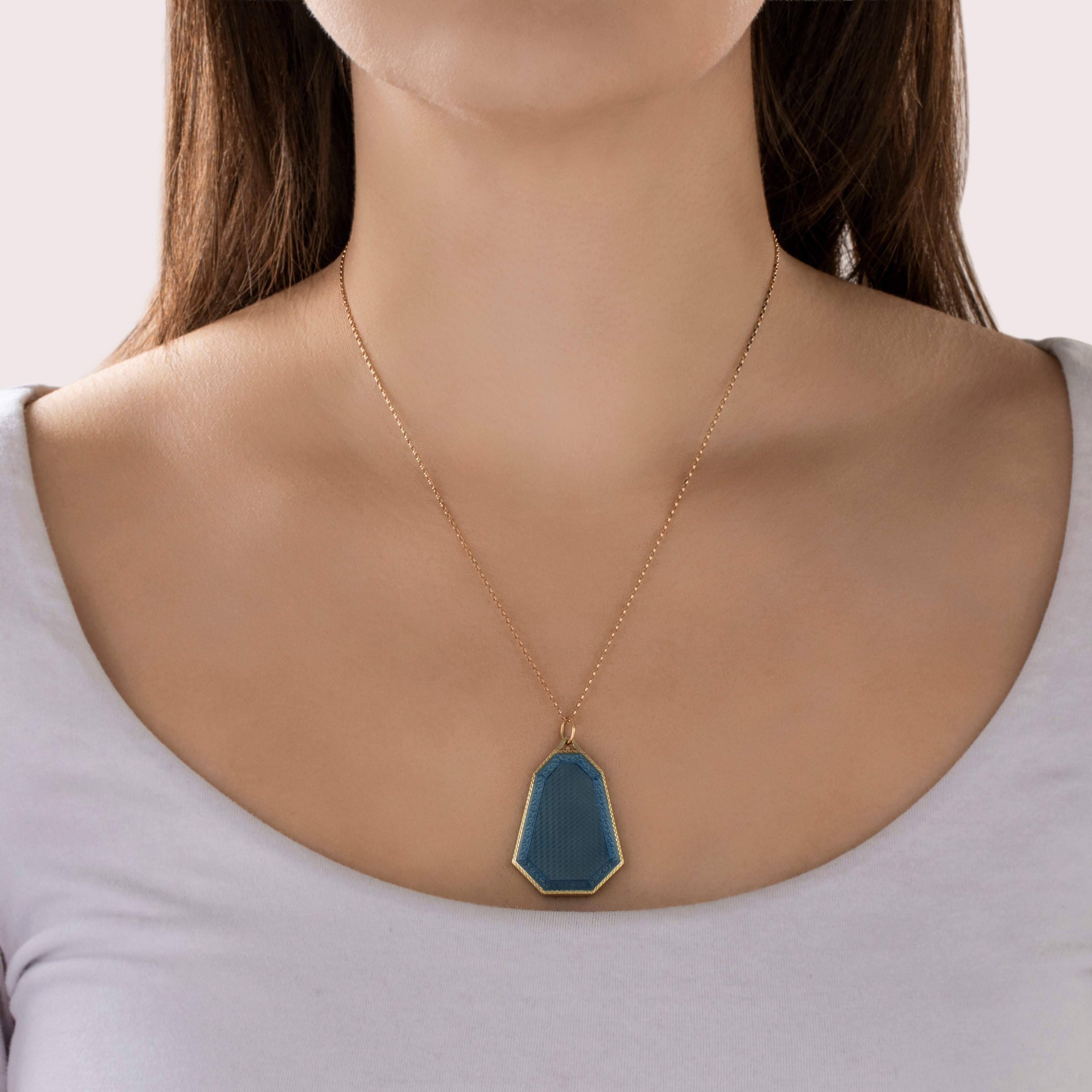 Antique Art Deco 14k Yellow Gold Blue Guilloche Enamel Locket Pendant - On model view