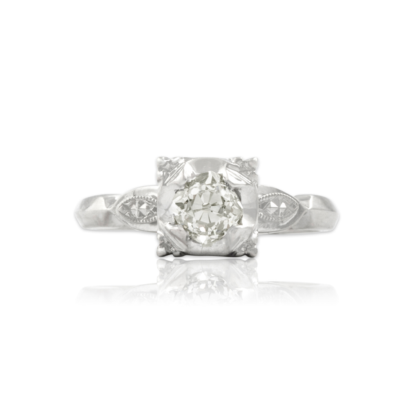 Antique 14k White Gold .43ct Old Mine Cut Diamond Stunning Square-Set Ring 5.25