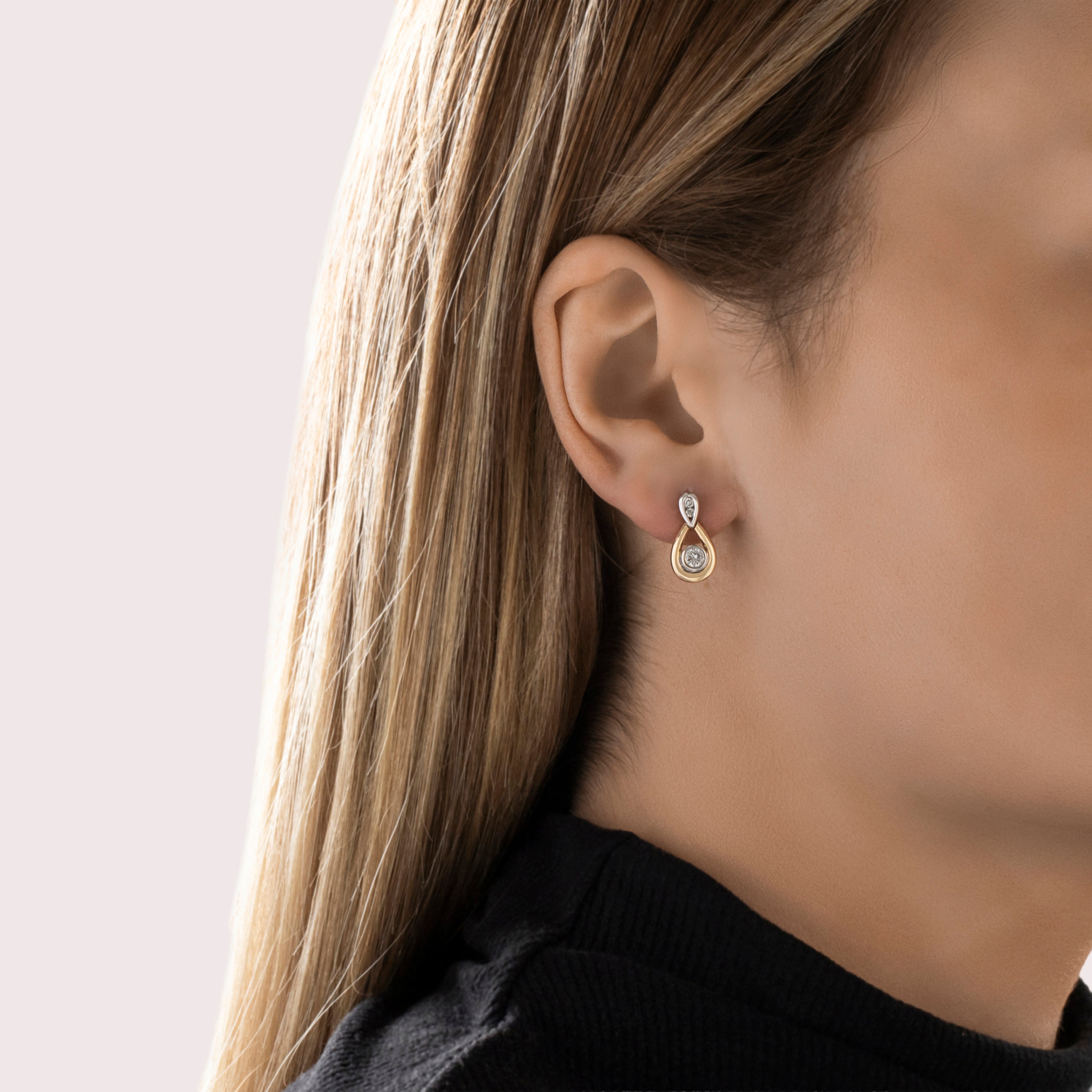 Vintage 14k White & Yellow Gold Diamond Pear Drop Dangle Earrings - On model view