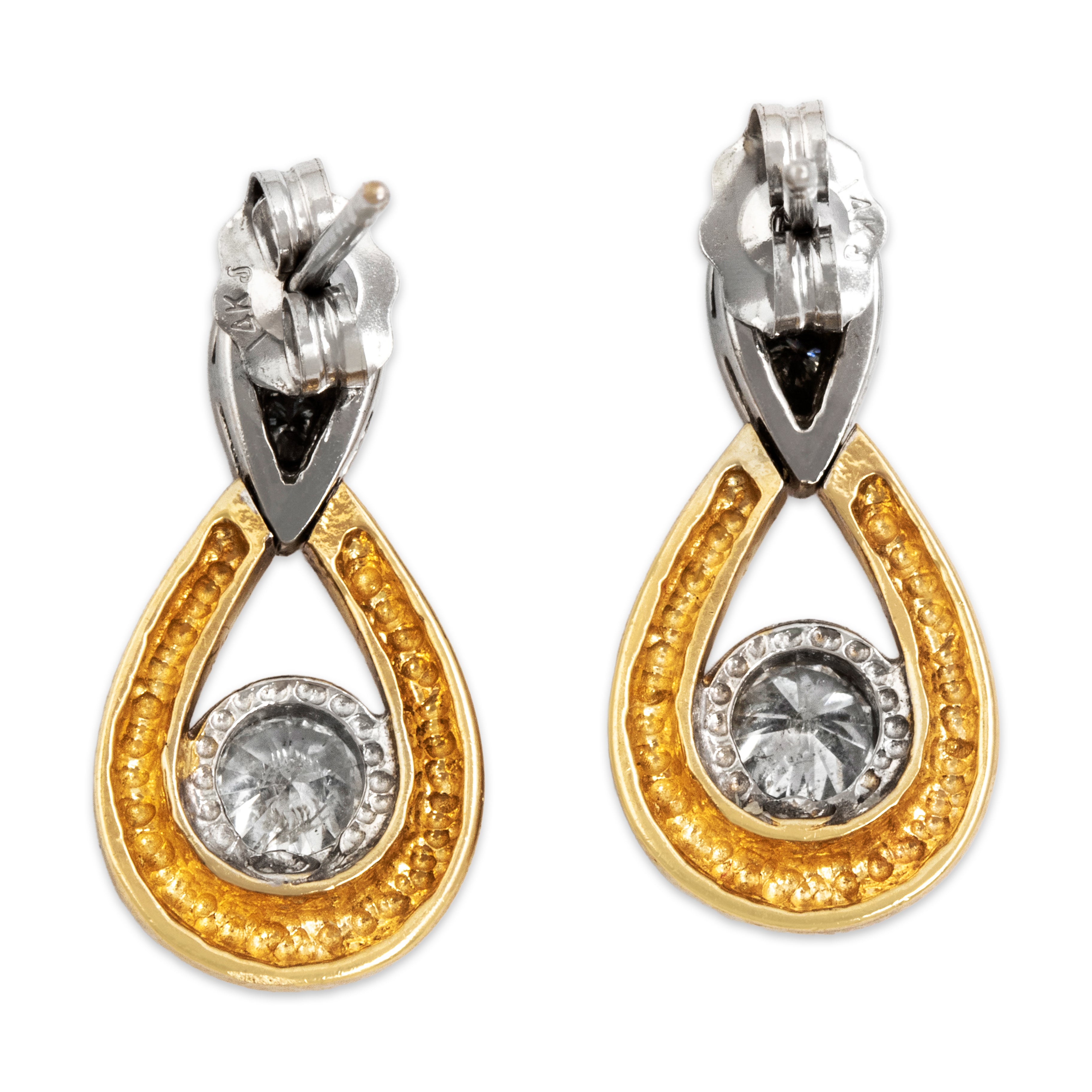 Vintage 14k White & Yellow Gold Diamond Pear Drop Dangle Earrings - Back view