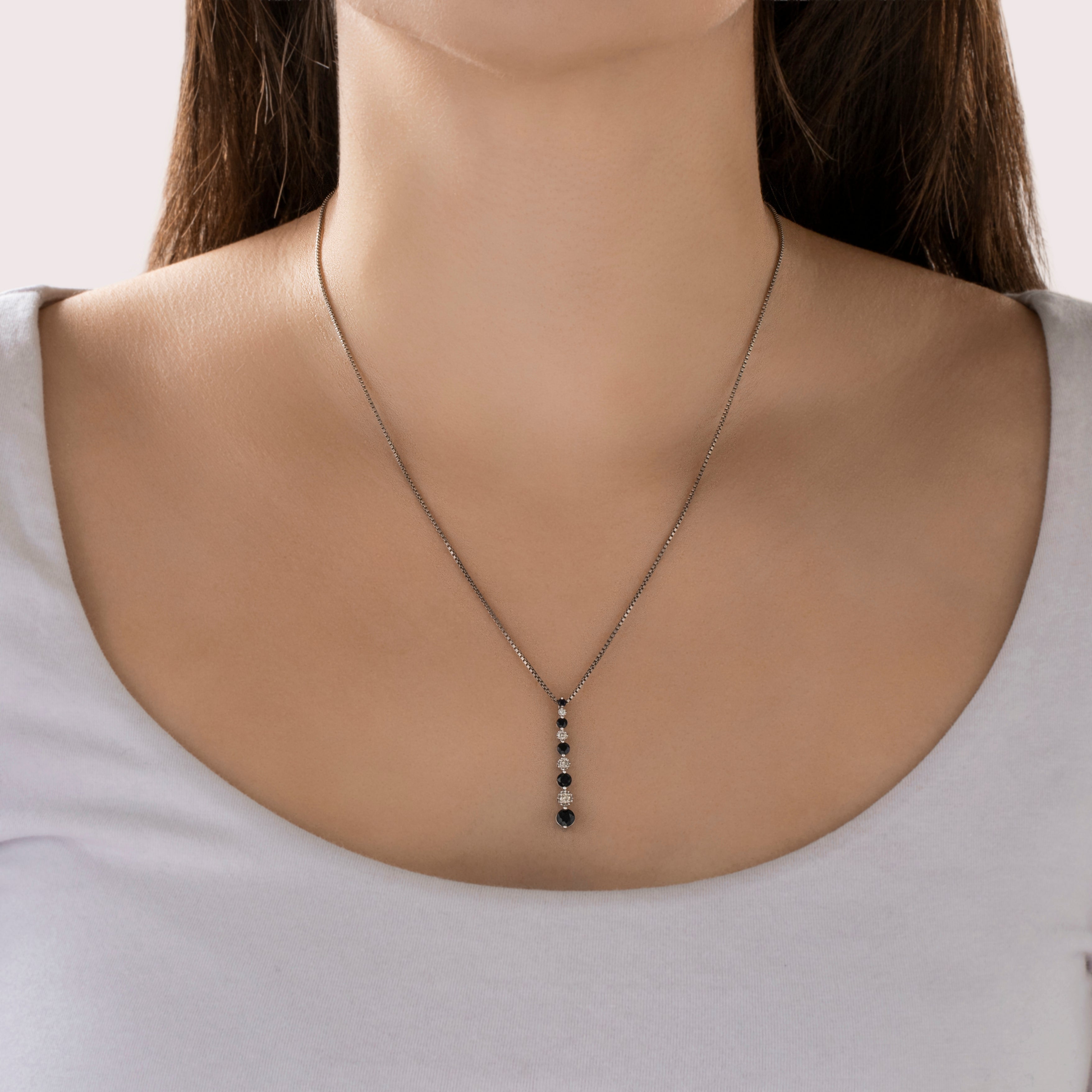 Vintage 14k White Gold .87cttw Sapphire and Diamond Line Pendant - On model view