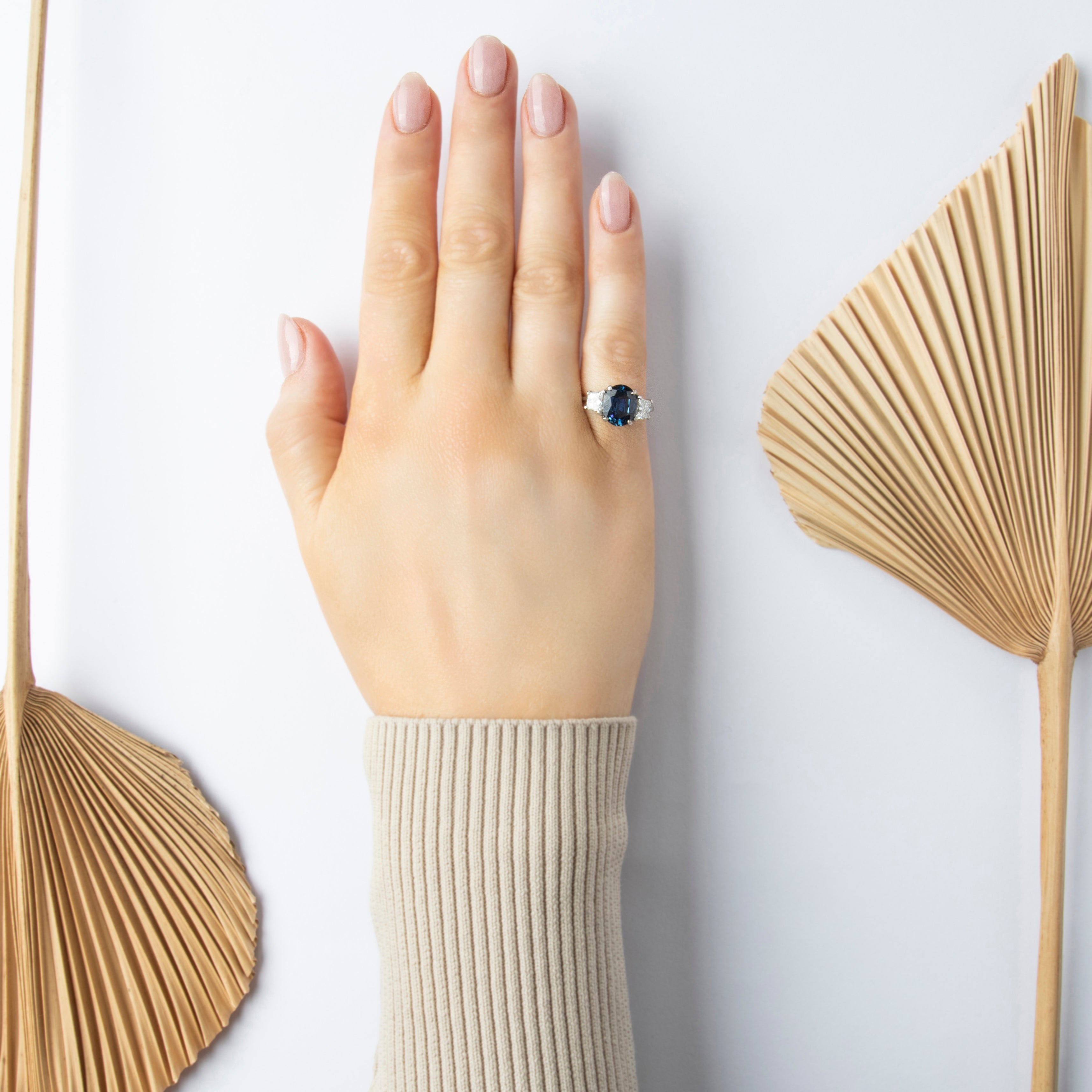 Vintage 14k White Gold Blue No Heat Sapphire and Diamond Ring - On model view