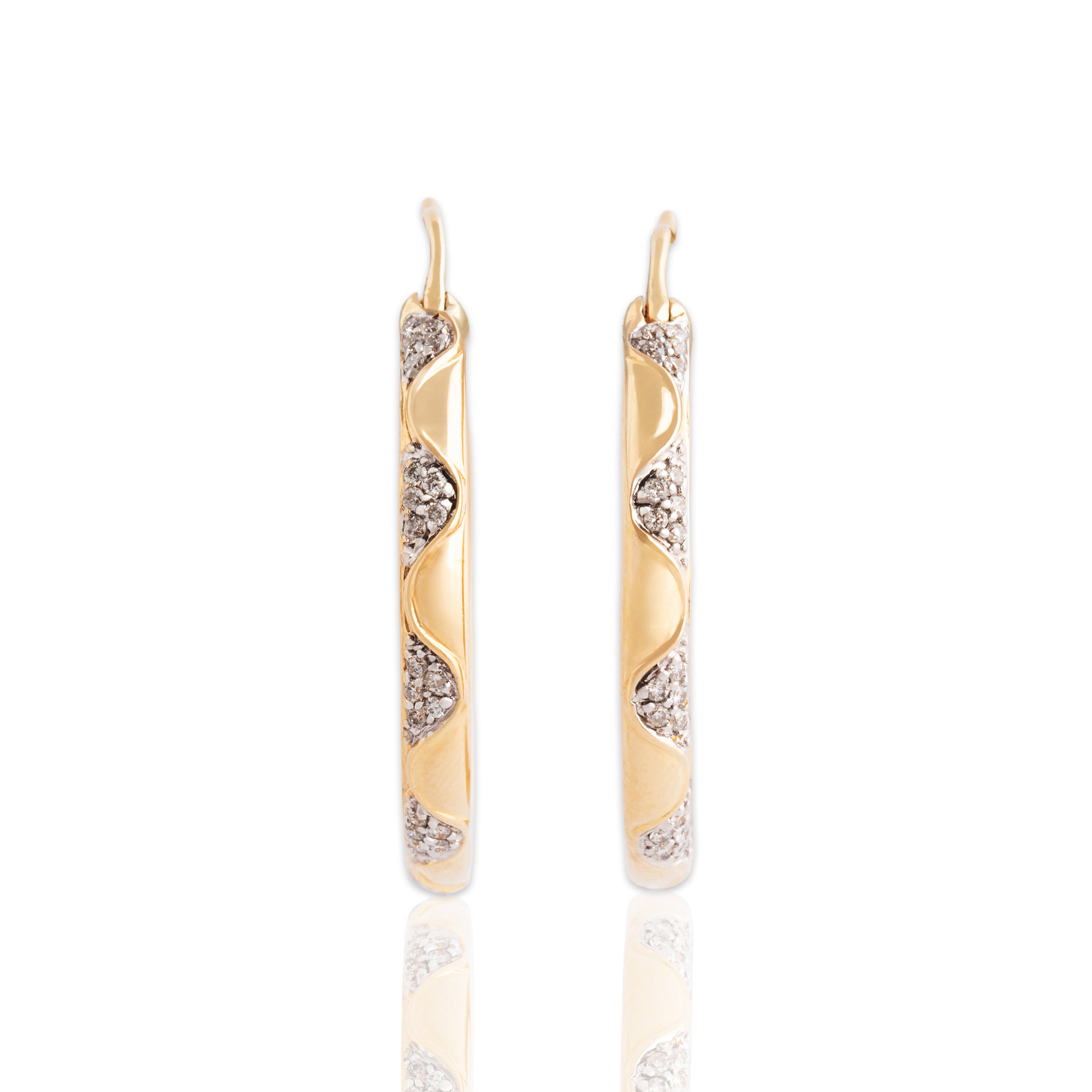 Vintage 14k Yellow Gold Diamond Dazzling Wave Hoop Earrings - Close-up view