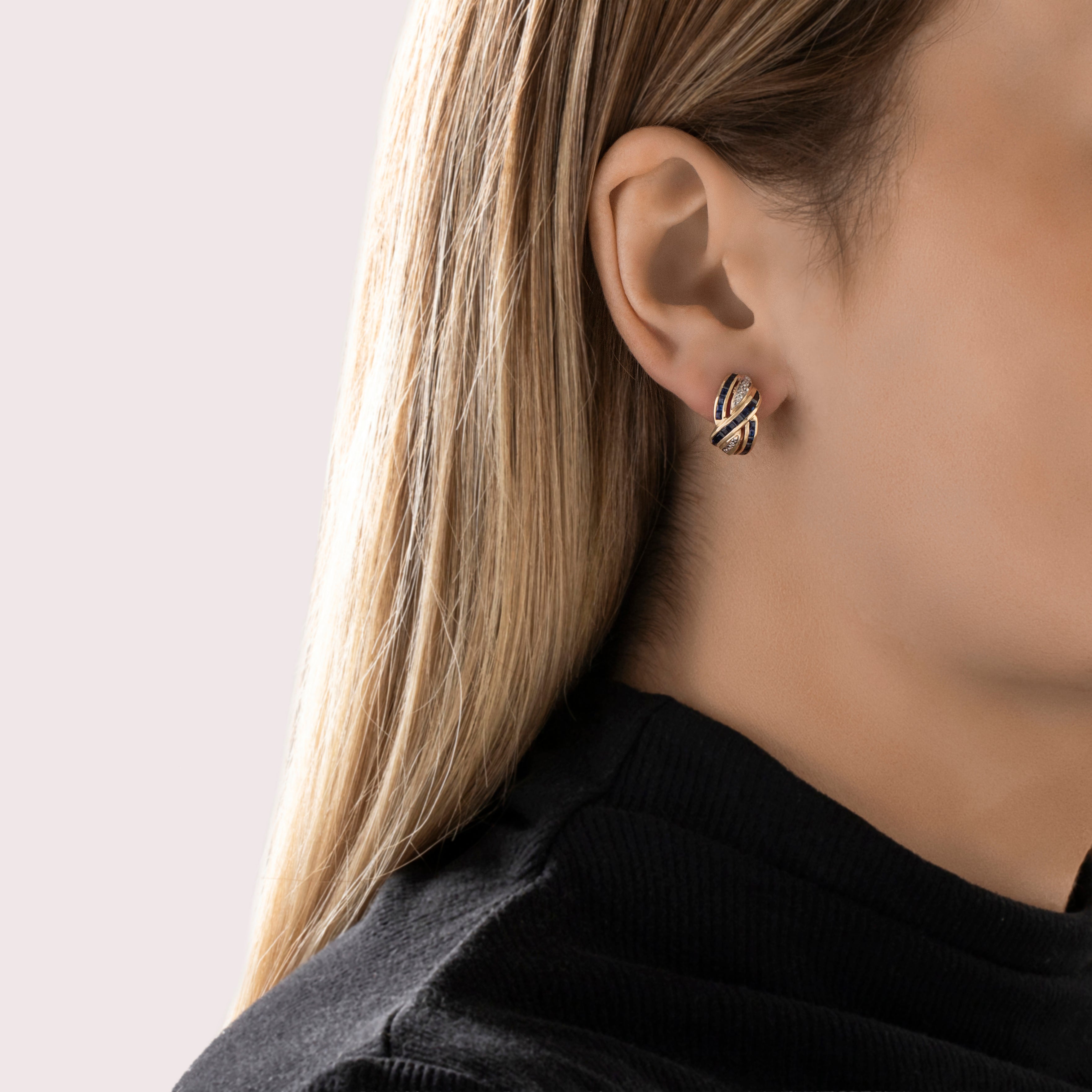 Vintage 14k Yellow Gold Sapphire and Diamond Braided Earrings Omega Back - On model view