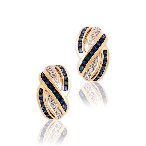 Vintage 14k Yellow Gold 1.06cttw Blue Sapphire Diamond Braided Earrings