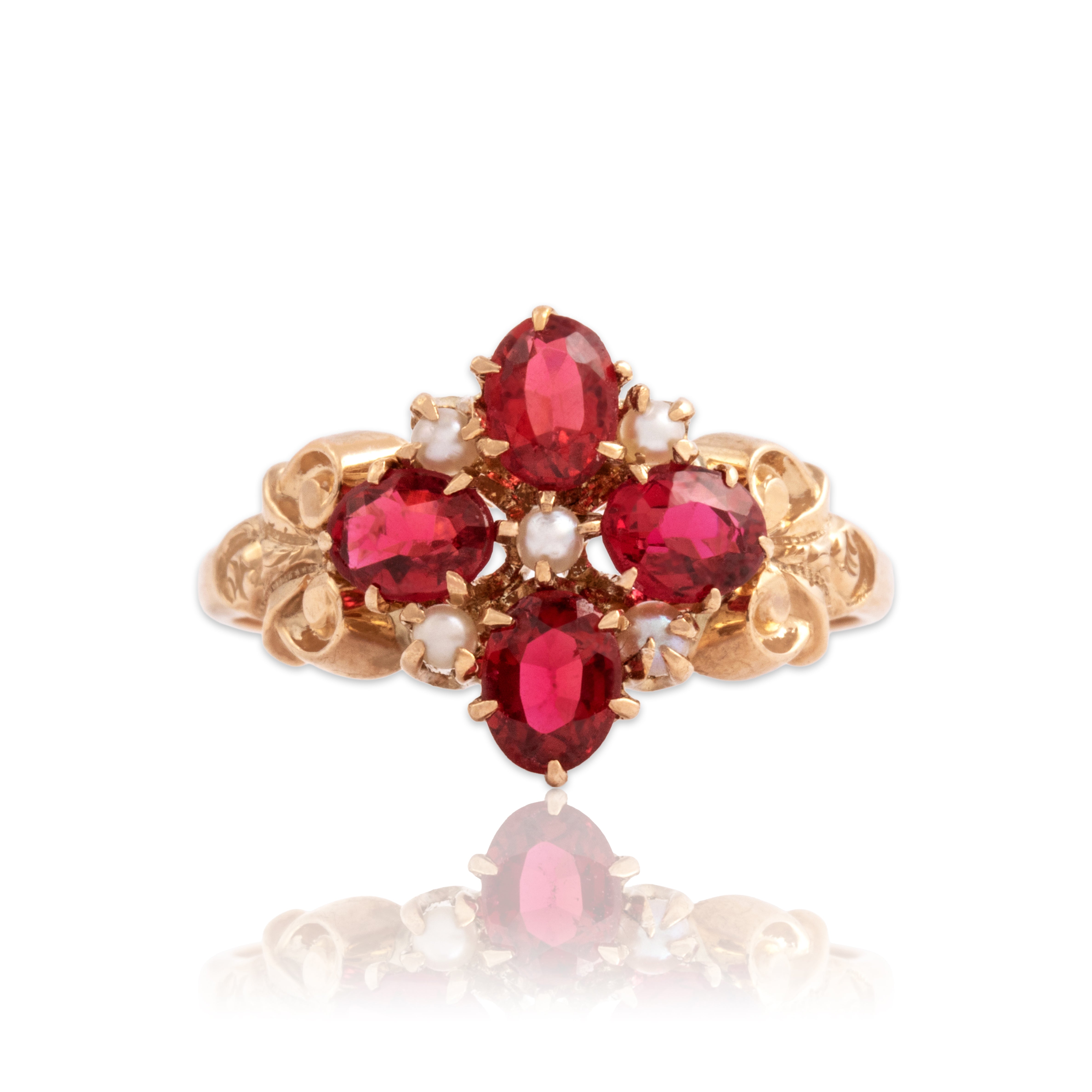 Antique Victorian 10k Rosy Yellow Gold Pink Garnet Glass Doublet Pearl Decorated Floriform Quatrefoil Ring - Close-up view