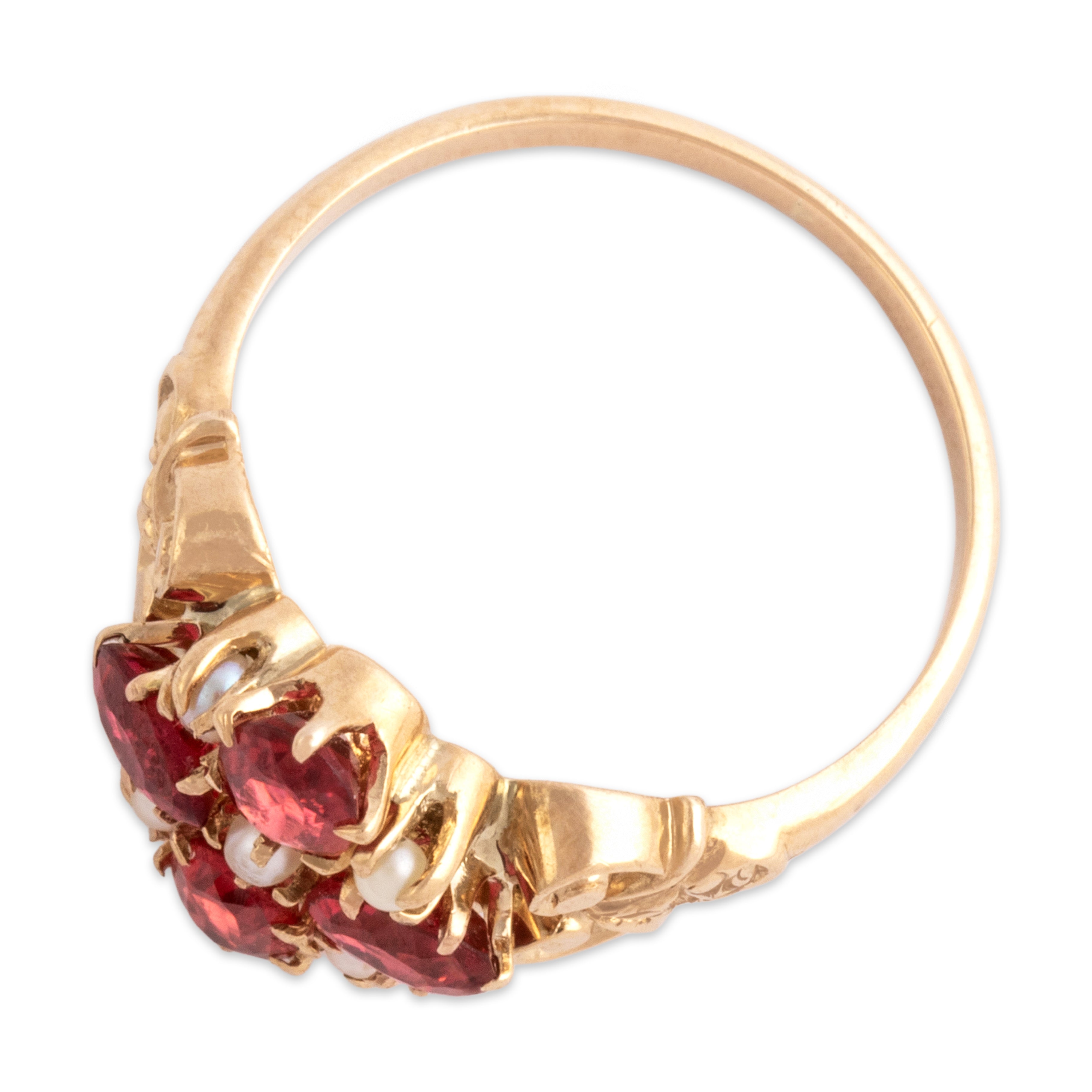 Antique Victorian 10k Rosy Yellow Gold Pink Garnet Glass Doublet Pearl Decorated Floriform Quatrefoil Ring - Overall view