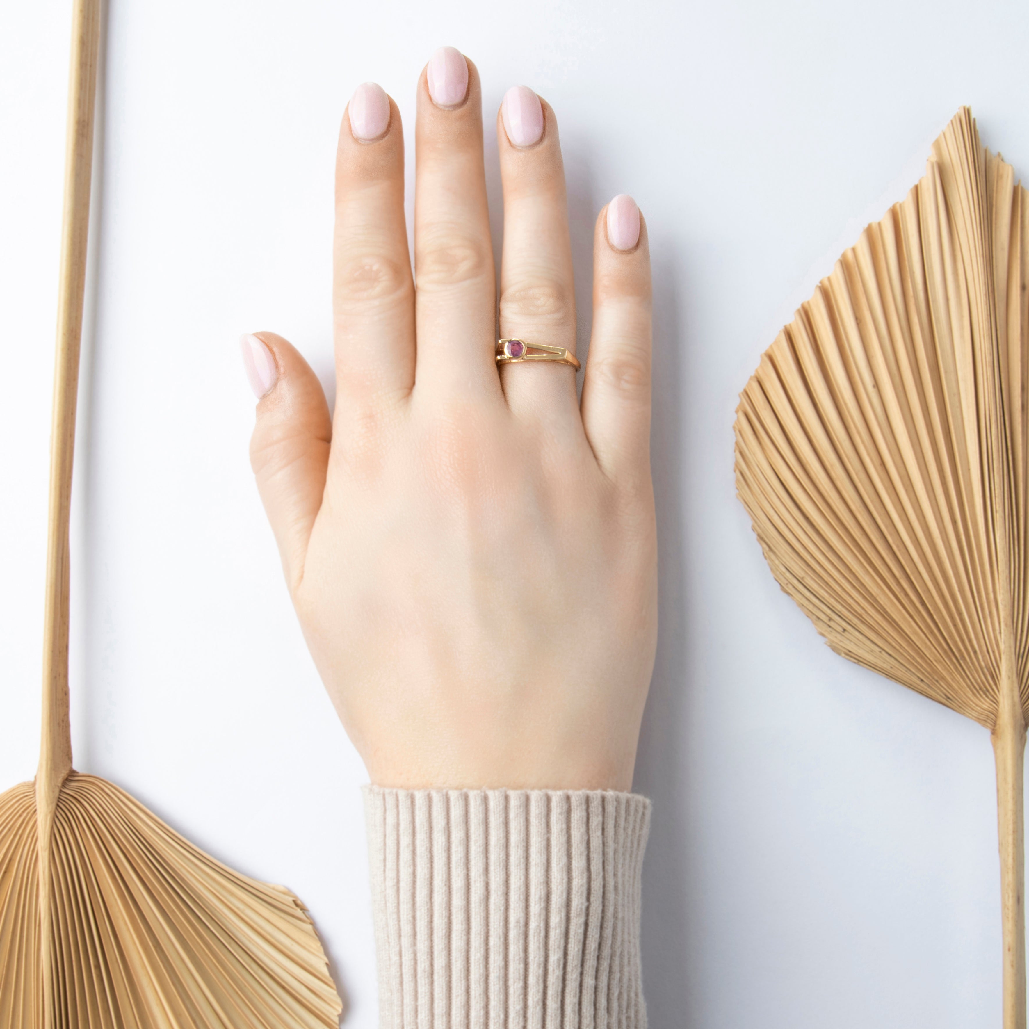 Vintage 14k Yellow Gold Ruby Modern Open Bar Ring - On model view