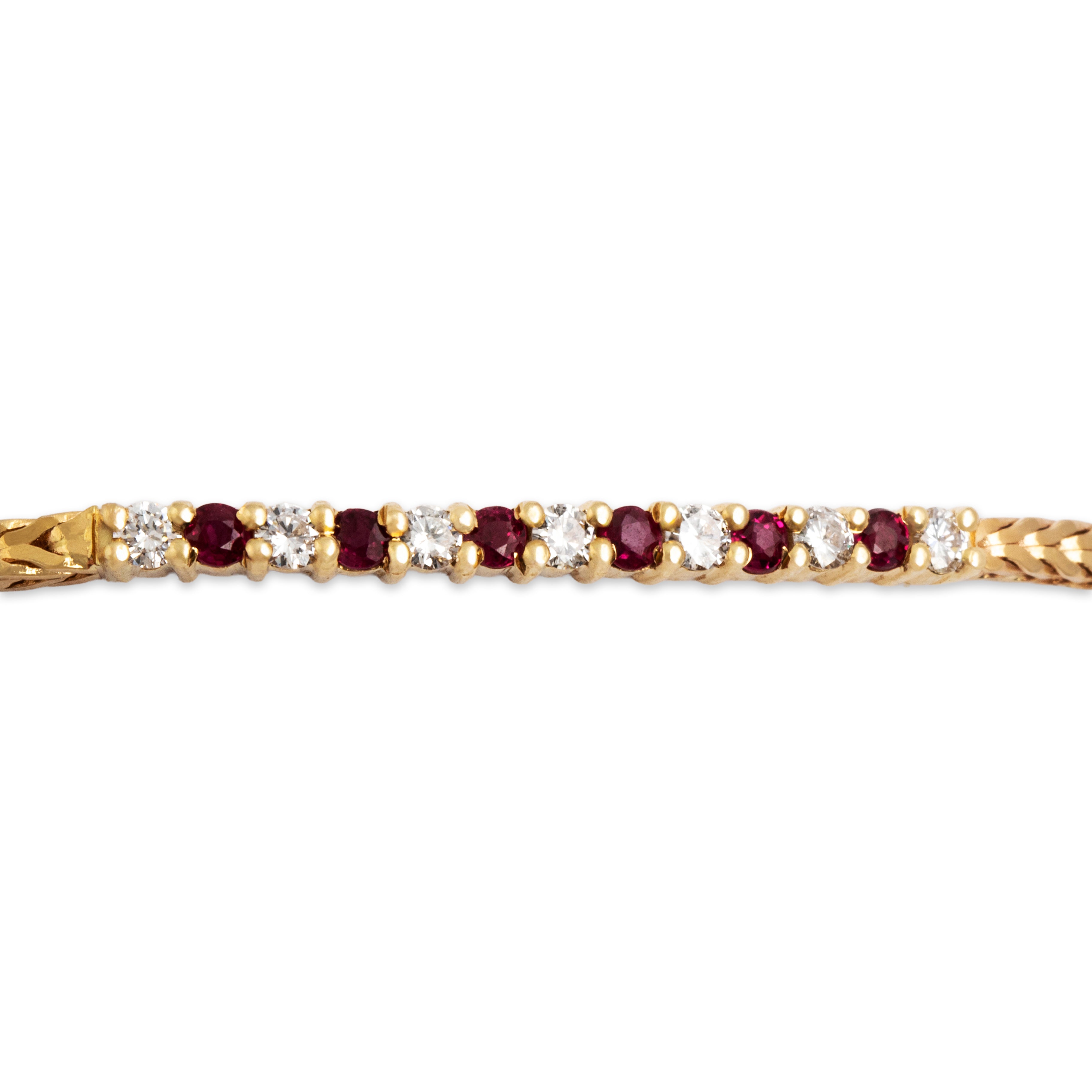 Vintage 14k Yellow Gold Diamond and Ruby Herringbone Bracelet - Close-up view