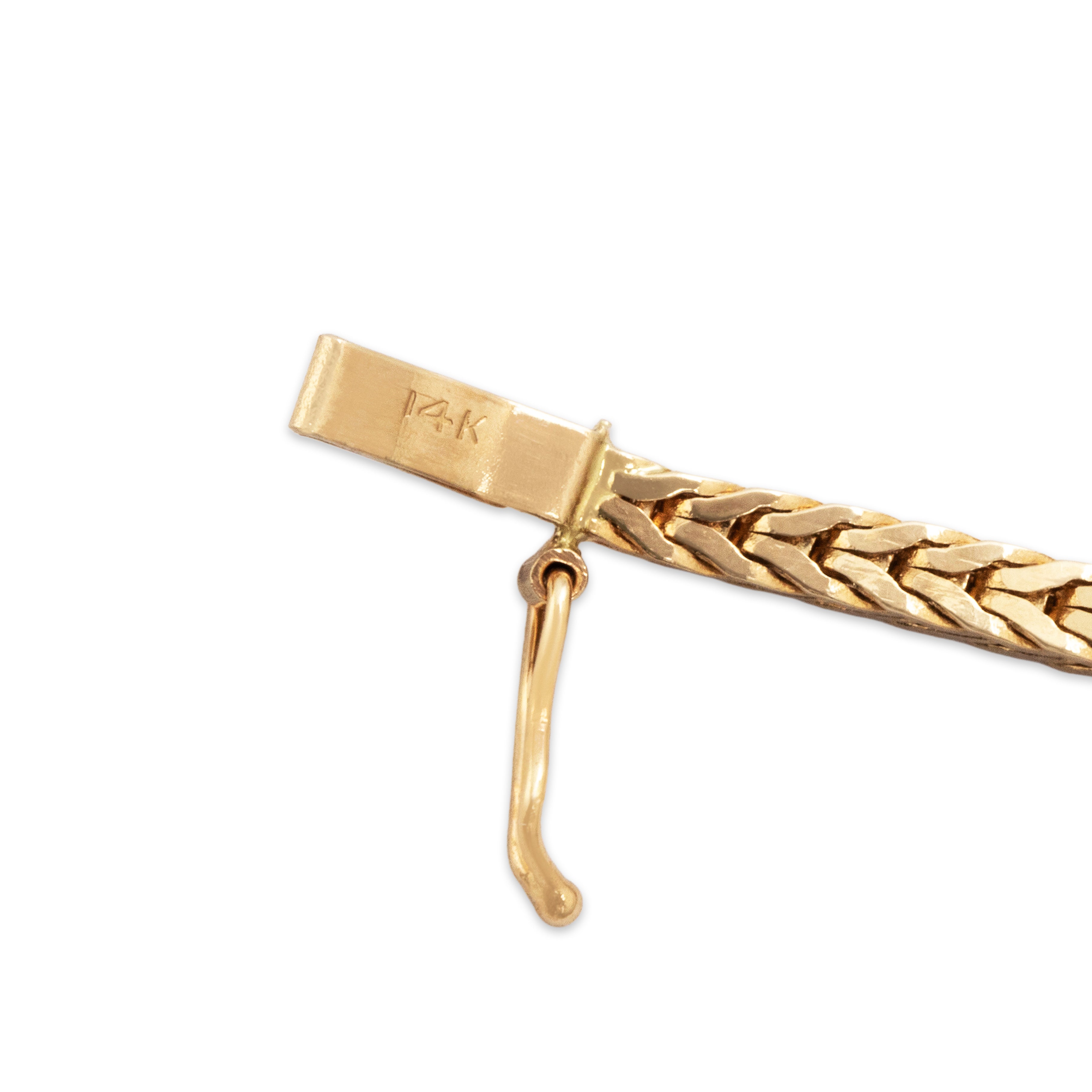 Vintage 14k Yellow Gold Diamond and Ruby Herringbone Bracelet - Hallmark view