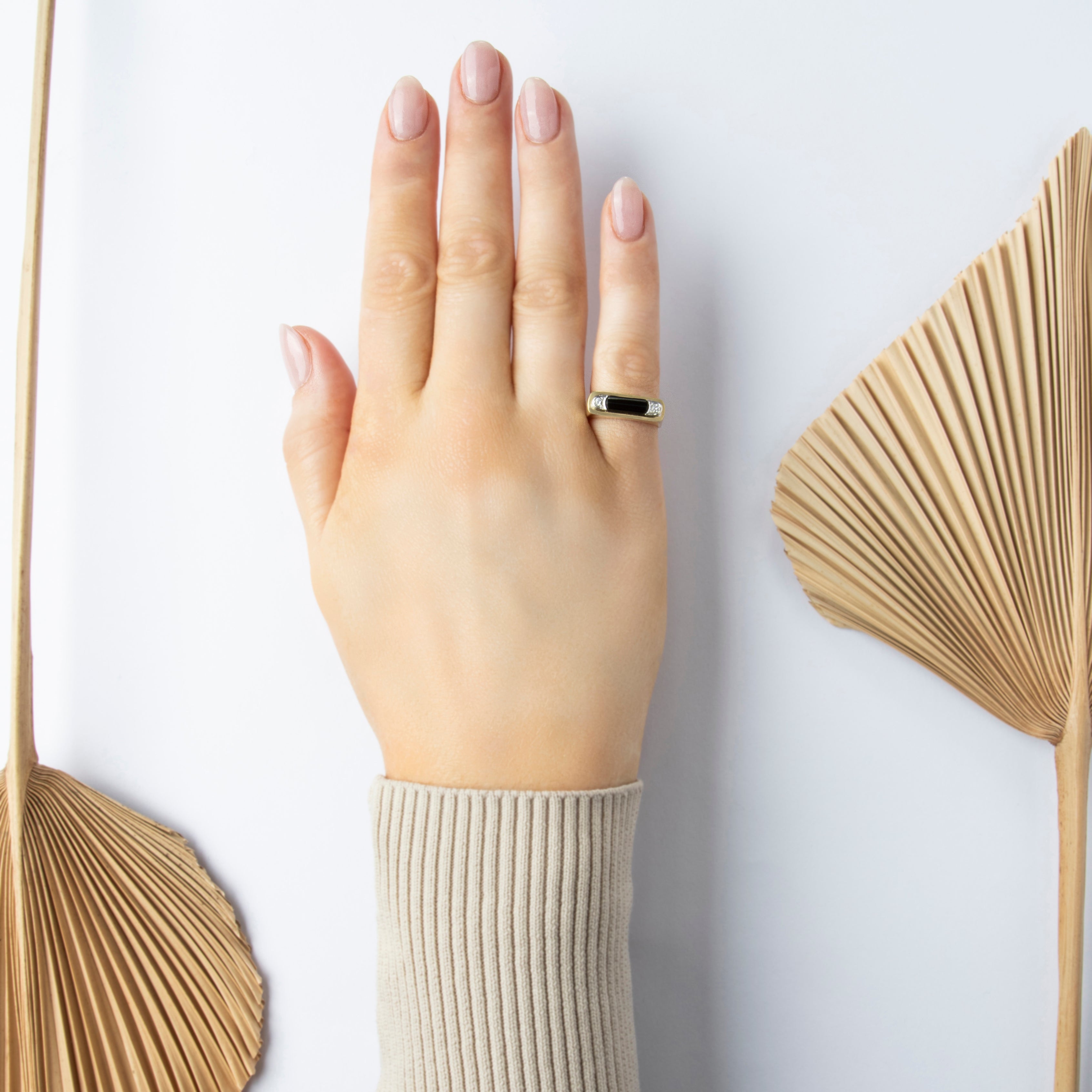 Vintage 18k Yellow And White Gold Onyx And .06cttw Diamond Bar Ring - On model view