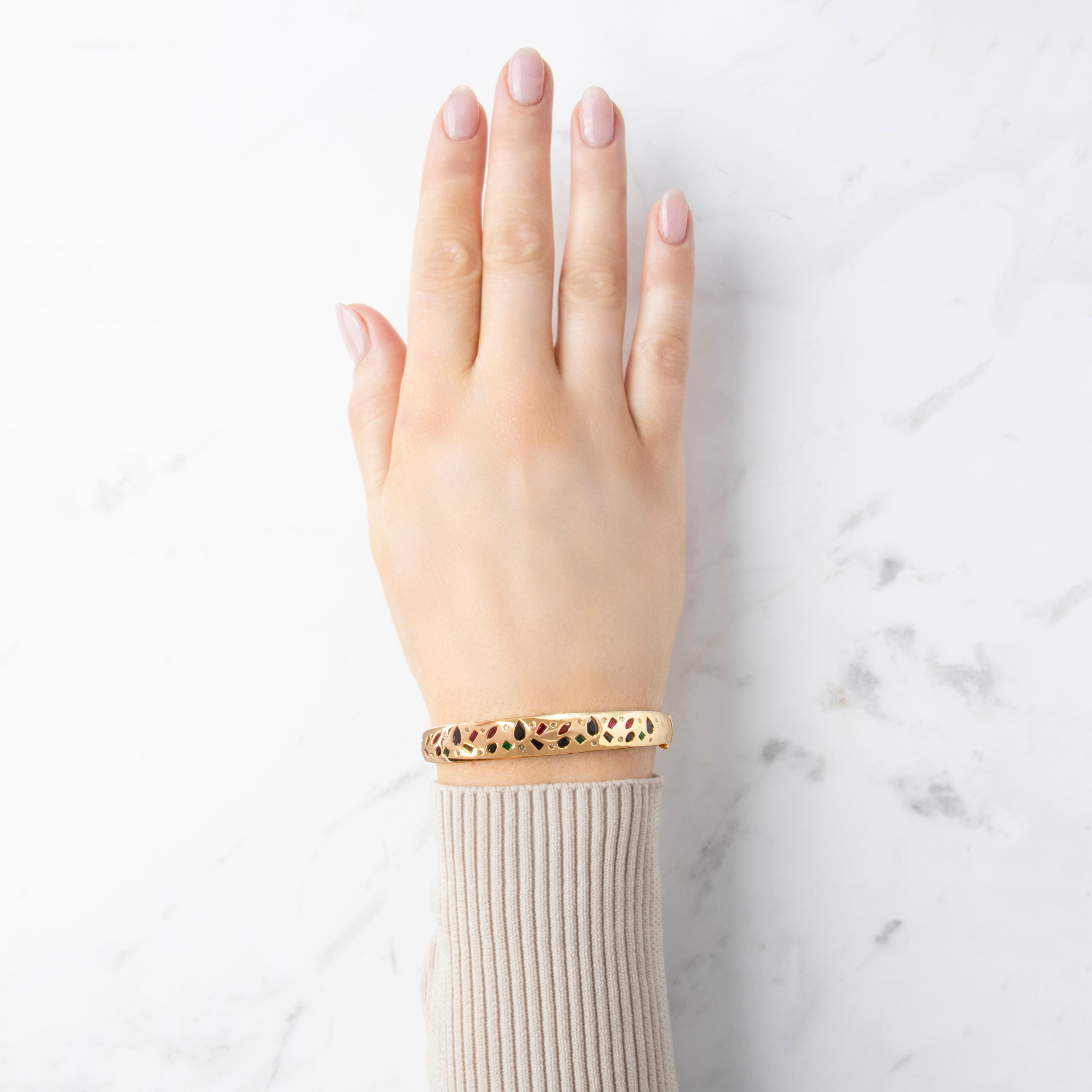 Vintage 14k Yellow Gold Sapphire Ruby Emerald Diamond Bangle - On model view