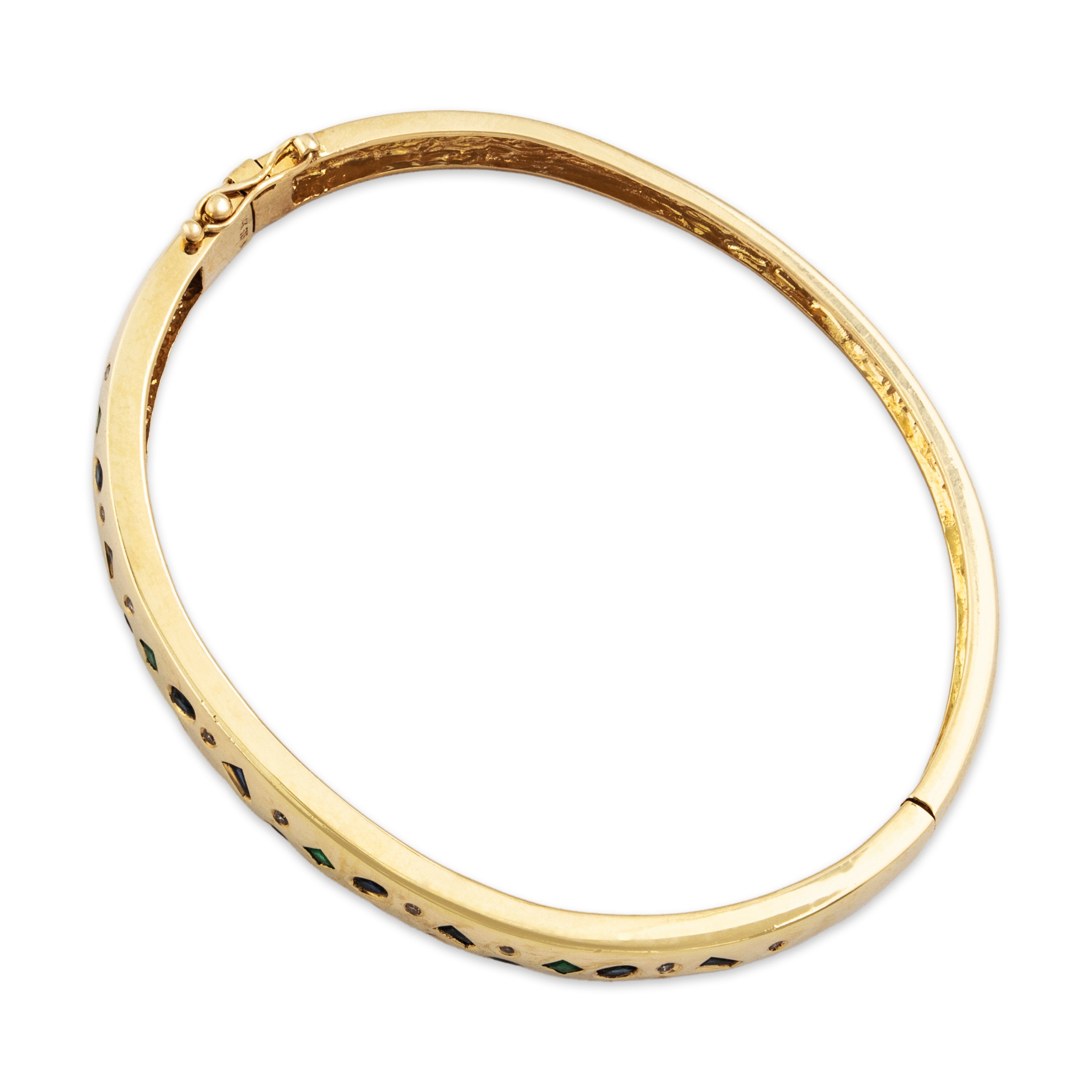 Vintage 14k Yellow Gold Sapphire Ruby Emerald Diamond Bangle -Overall view