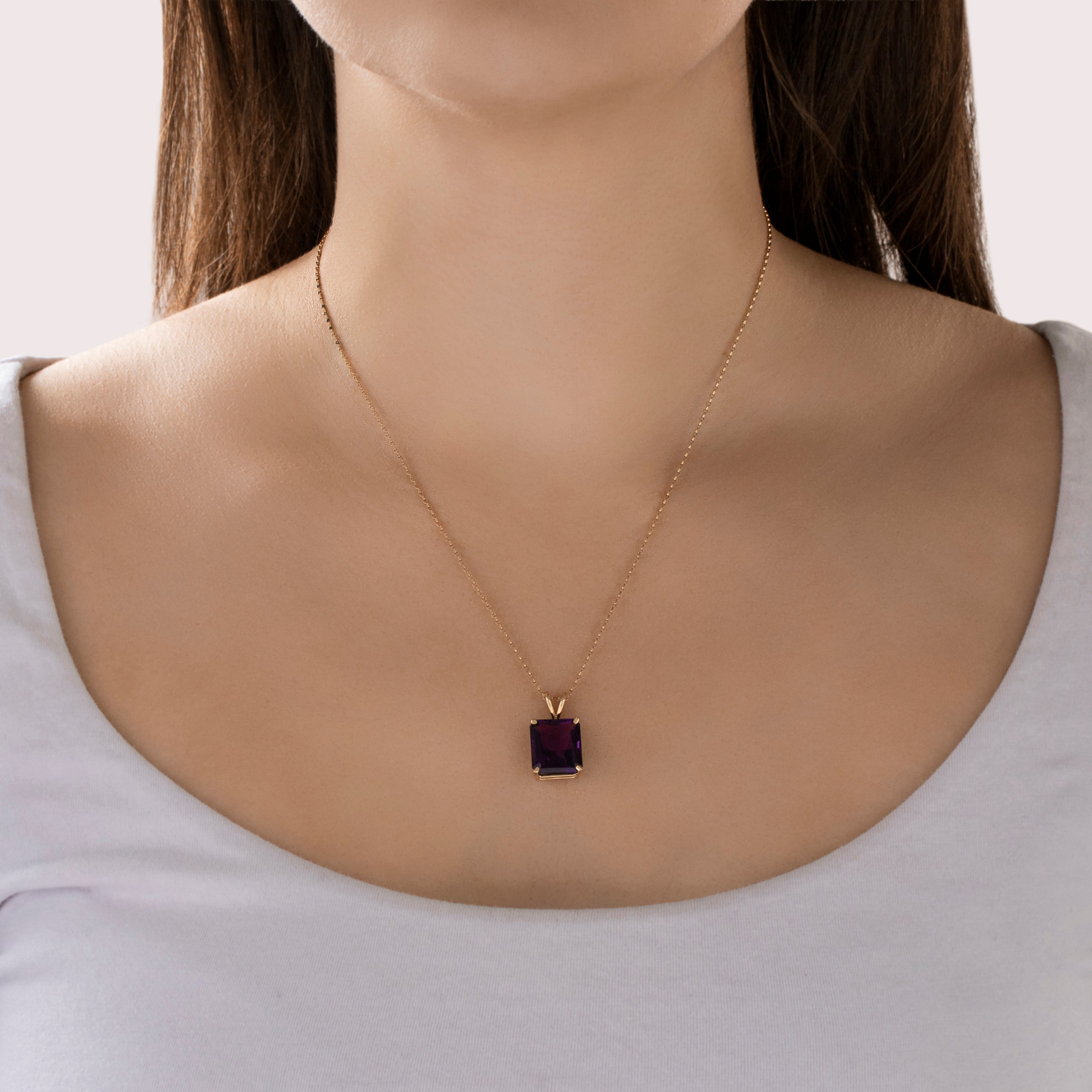 Vintage 14k Yellow Gold Amethyst Pendant - On model view